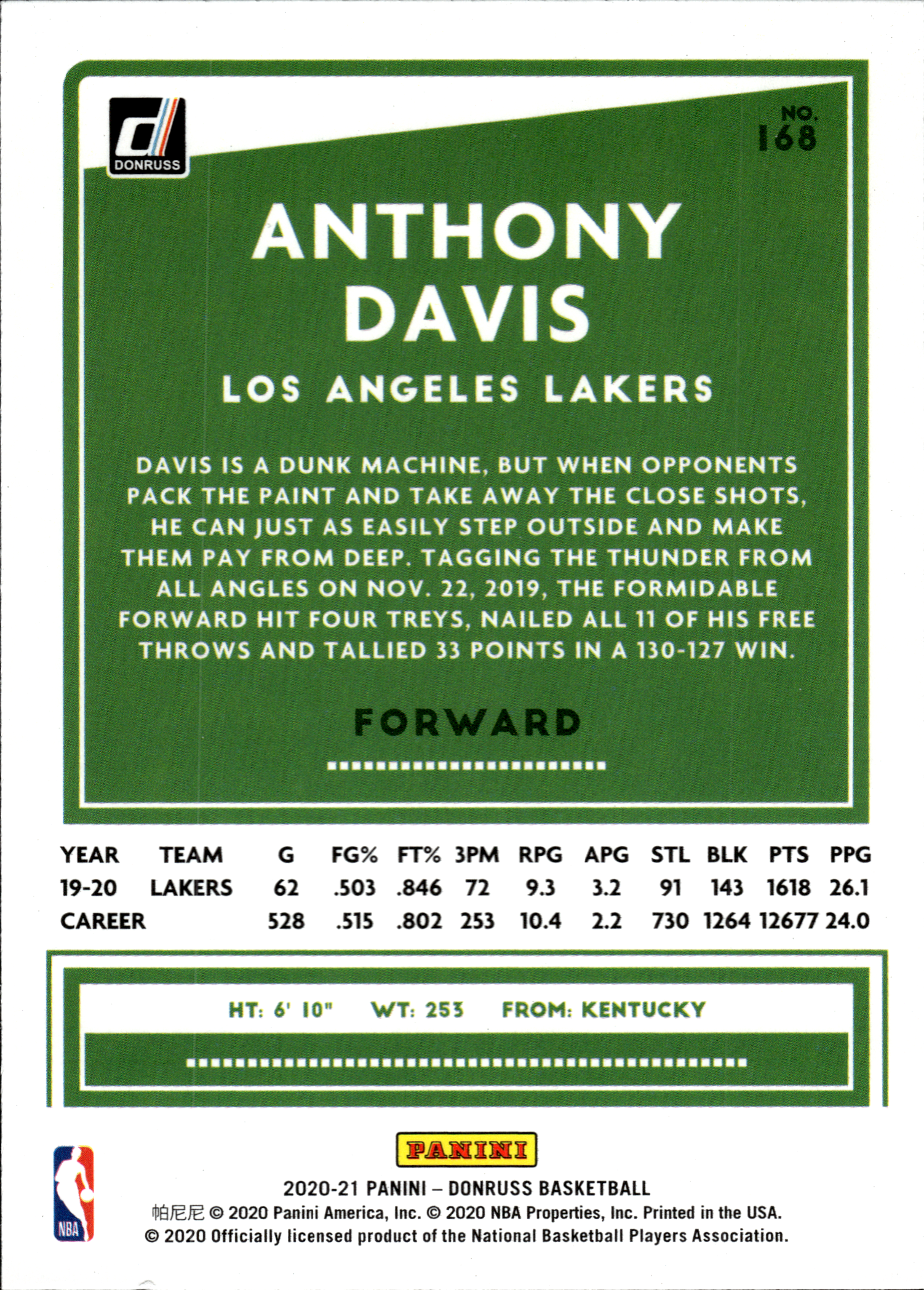 Anthony Davis - Panini Donruss Base Set 2020-21, Nr. 168