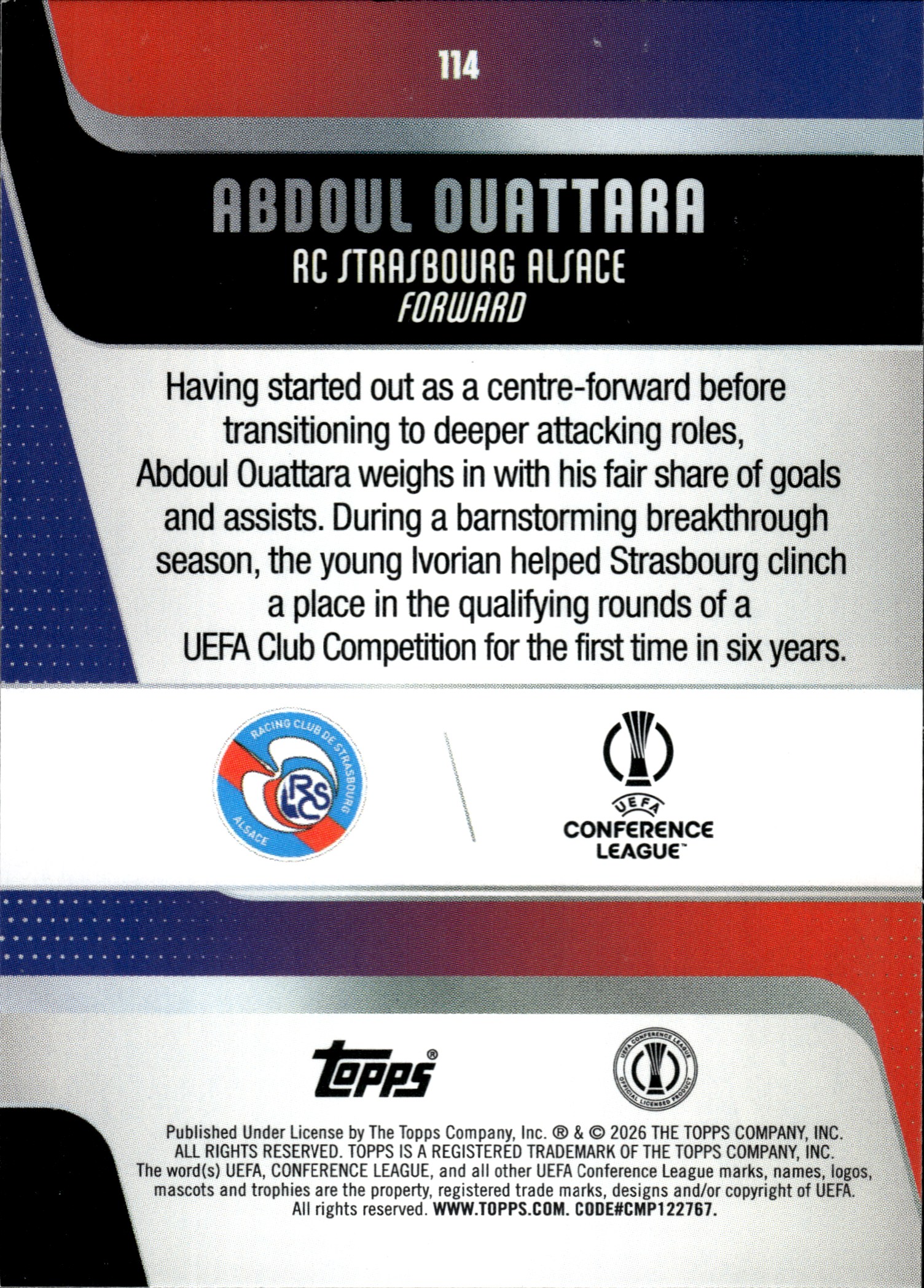 Abdoul Ouattara - Topps UEFA Club Competitions Base Set 2025-26, Nr. 114 – Rookie Card, Diamante