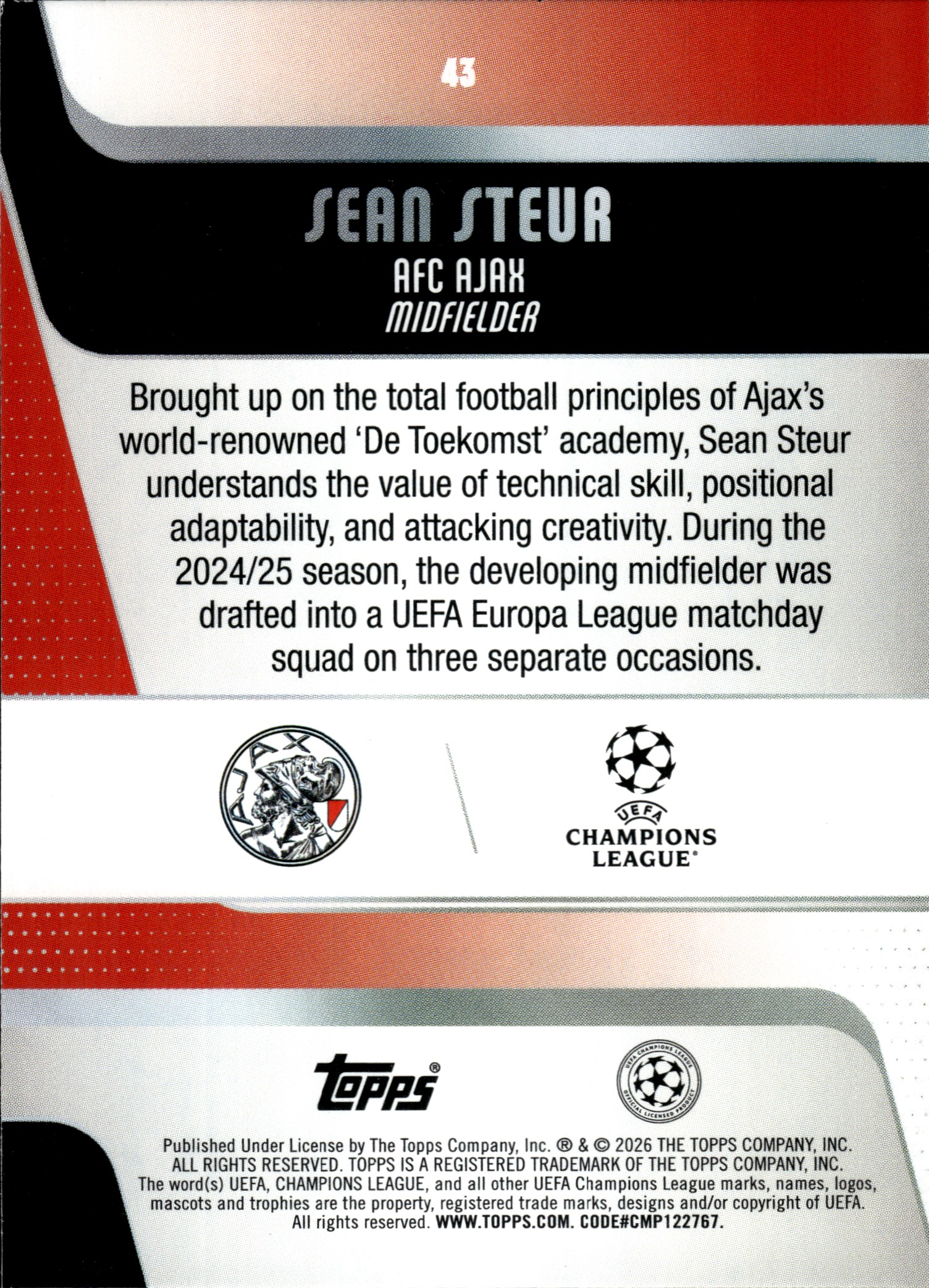 Sean Steur - Topps UEFA Club Competitions Base Set 2025-26, Nr. 43 – Rookie Card, Diamante