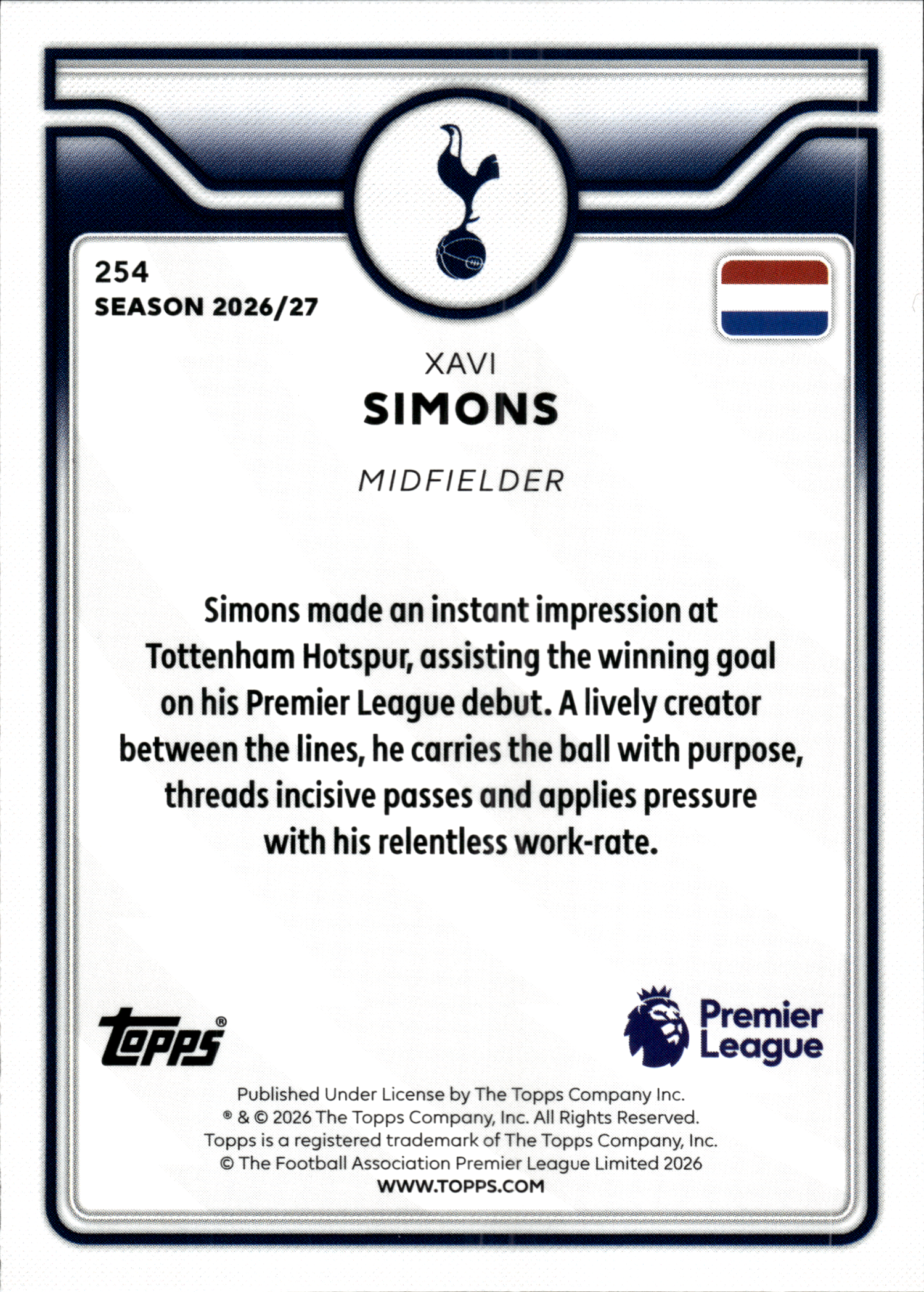Xavi Simons - Topps Flagship Premier League Base Set 2026-27, Nr. 254