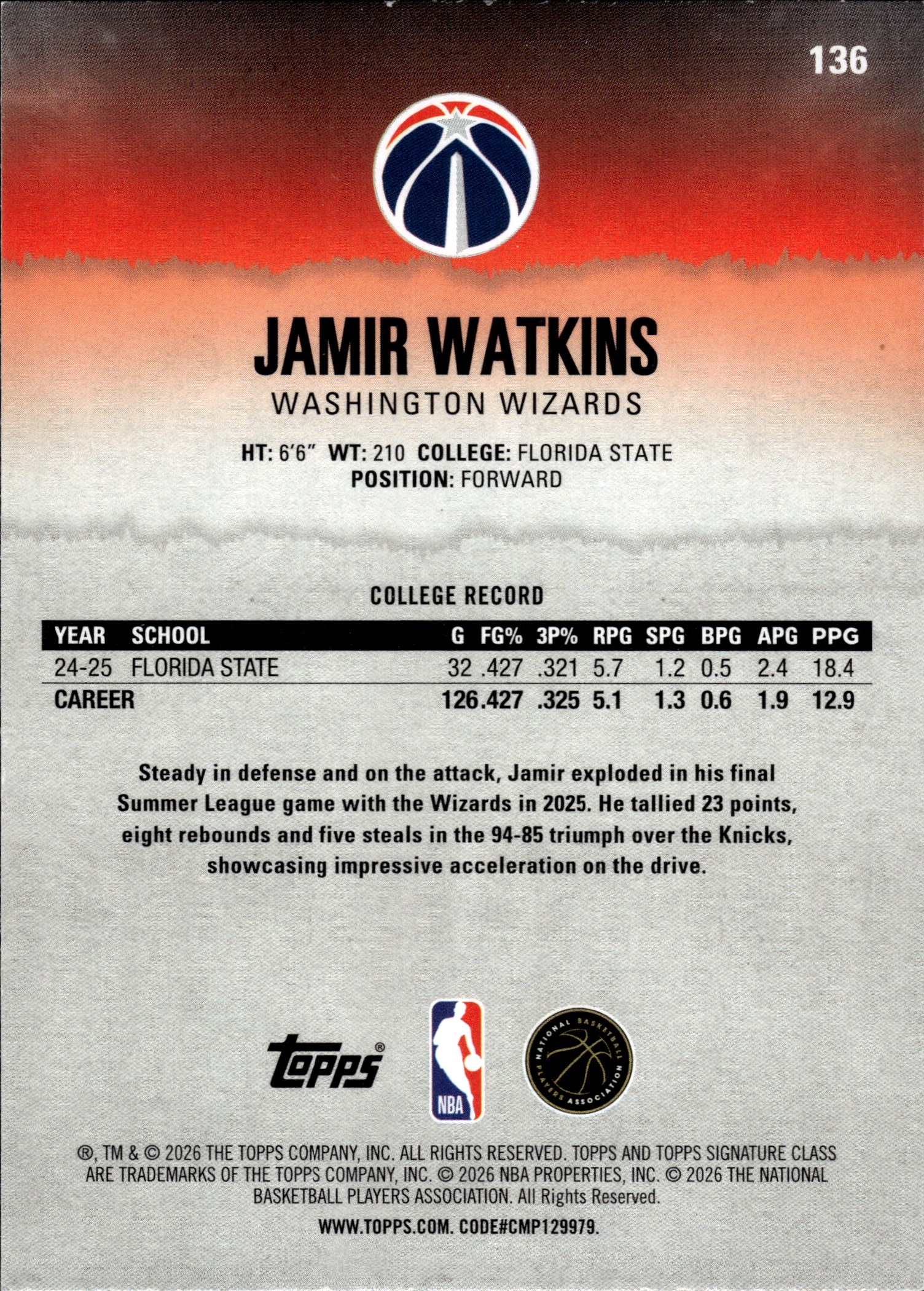 Jamir Watkins - Topps Signature Class Base Set 2025-26, Nr. 136 – Rookie Card
