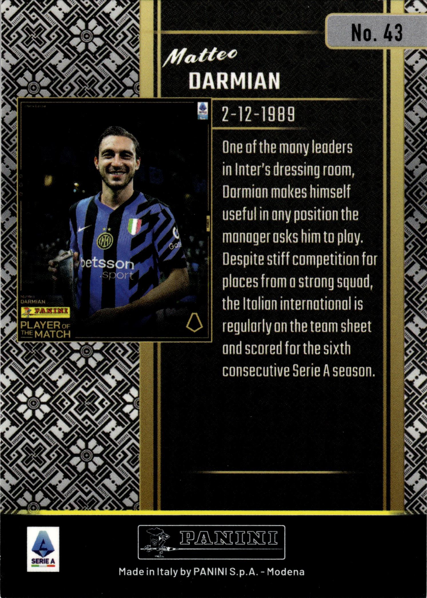 Matteo Darmian - Panini Player of the Match Base Set 2024-25, Nr. 43
