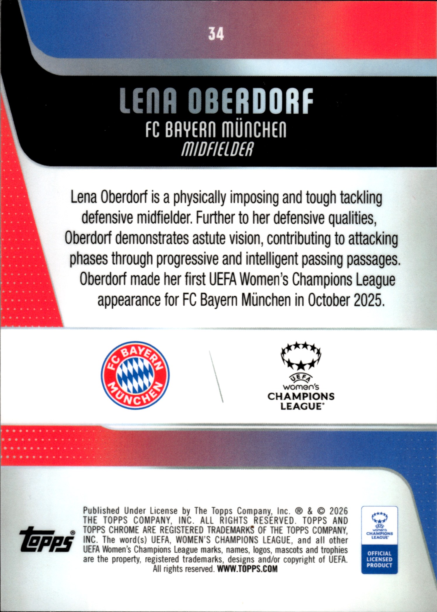 Lena Oberdorf - Topps Chrome UEFA Women's Champions League Base Set 2025-26, Nr. 34