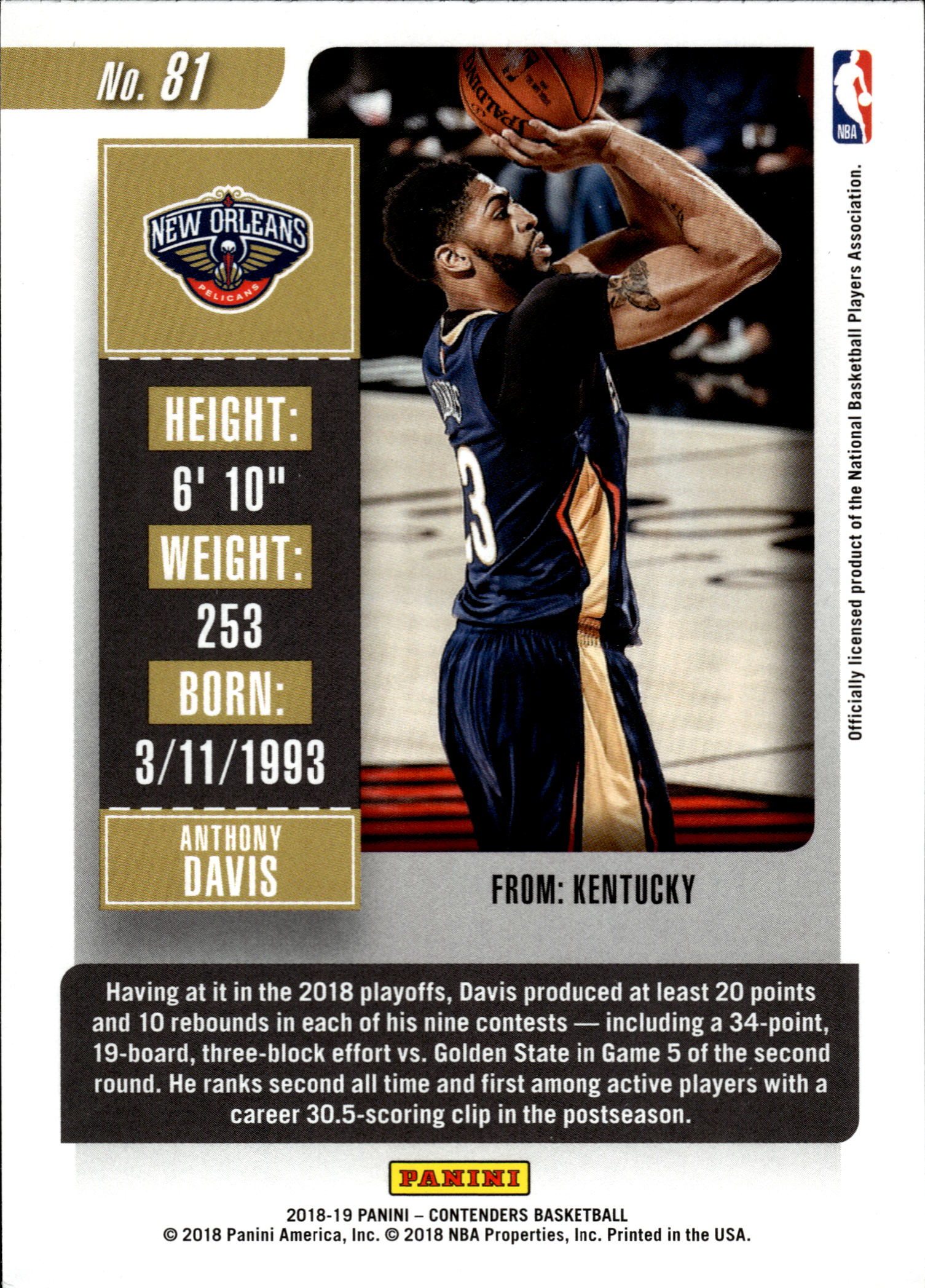 Anthony Davis - Panini Contenders Season Ticket 2018-19, Nr. 81