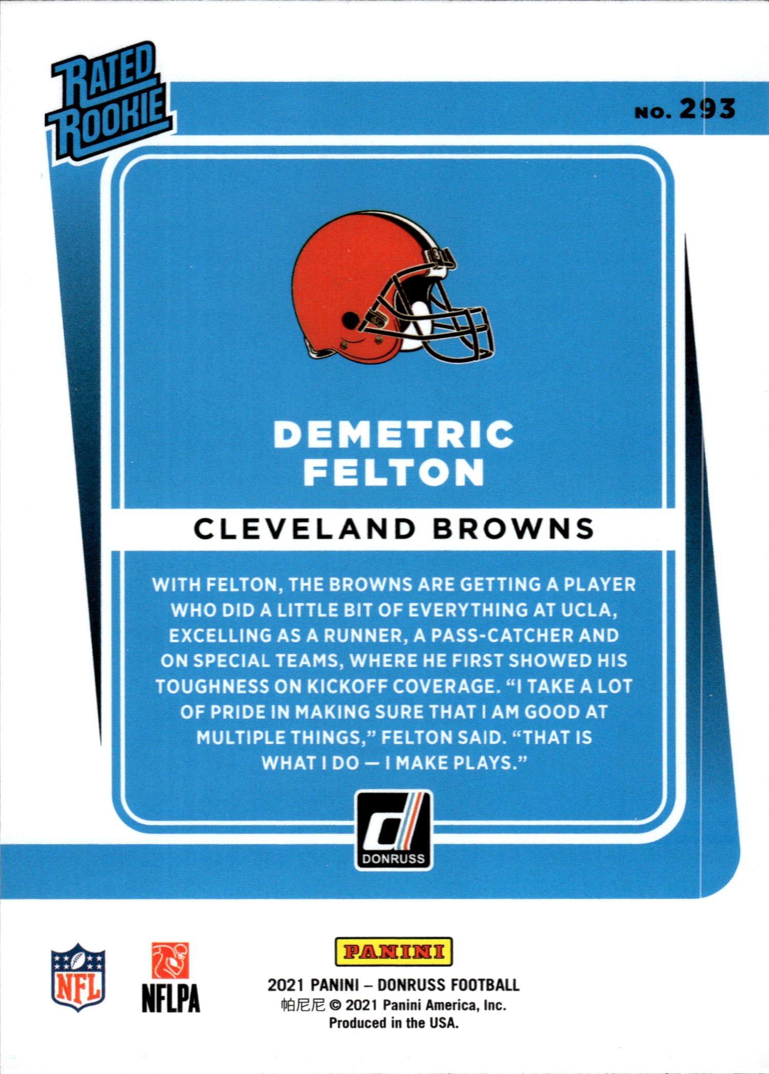 Demetric Felton - Panini Donruss Base Set 2021, Nr. 293 – Rookie Card