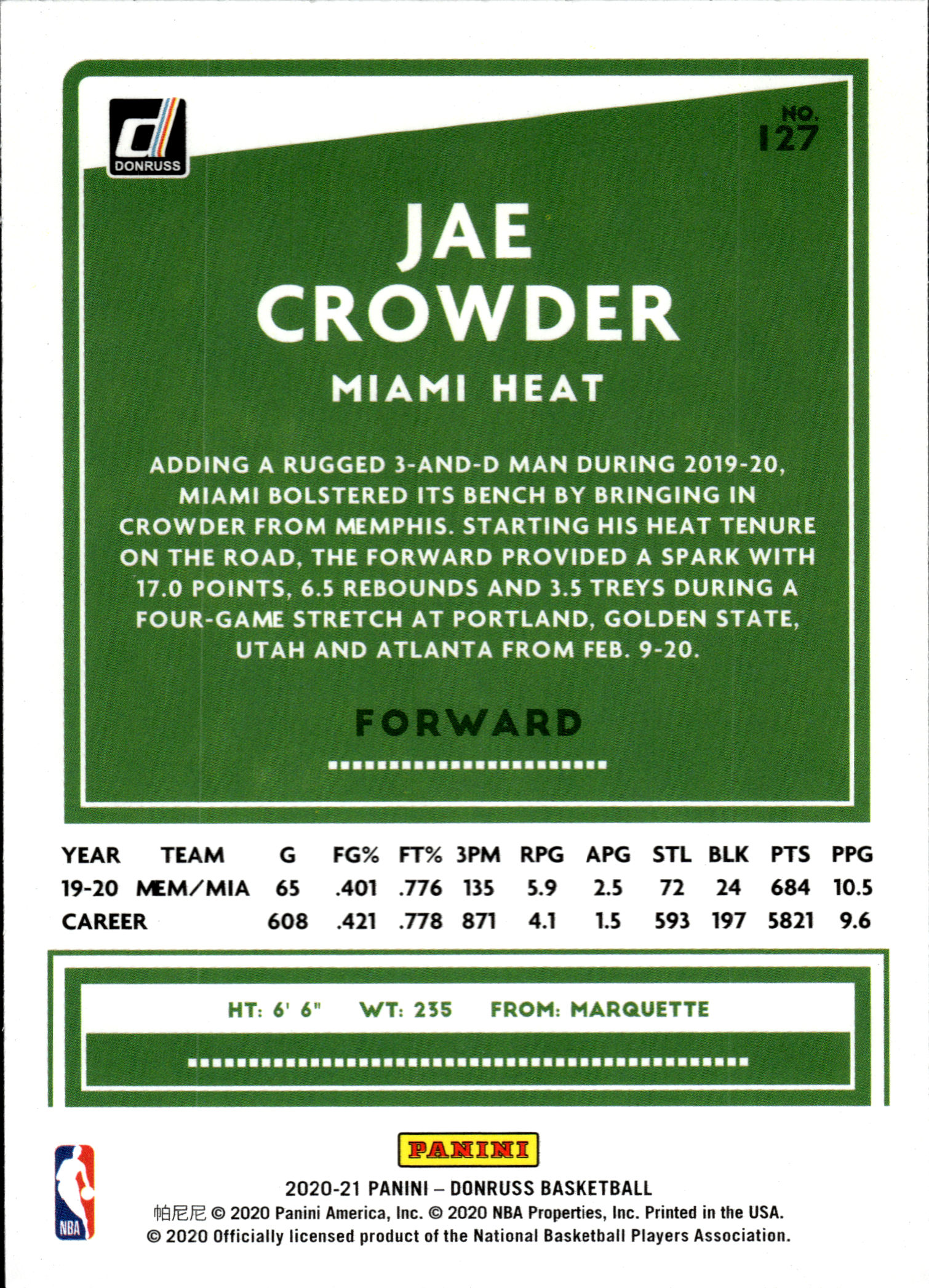 Jae Crowder - Panini Donruss Base Set 2020-21, Nr. 127
