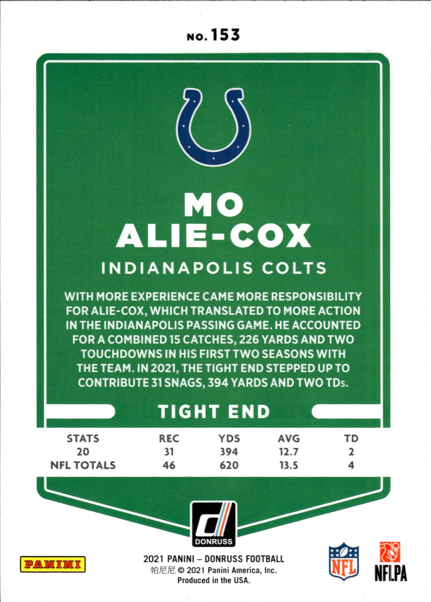 Mo Alie-Cox - Panini Donruss Base Set 2021, Nr. 153 – Press Proof Red