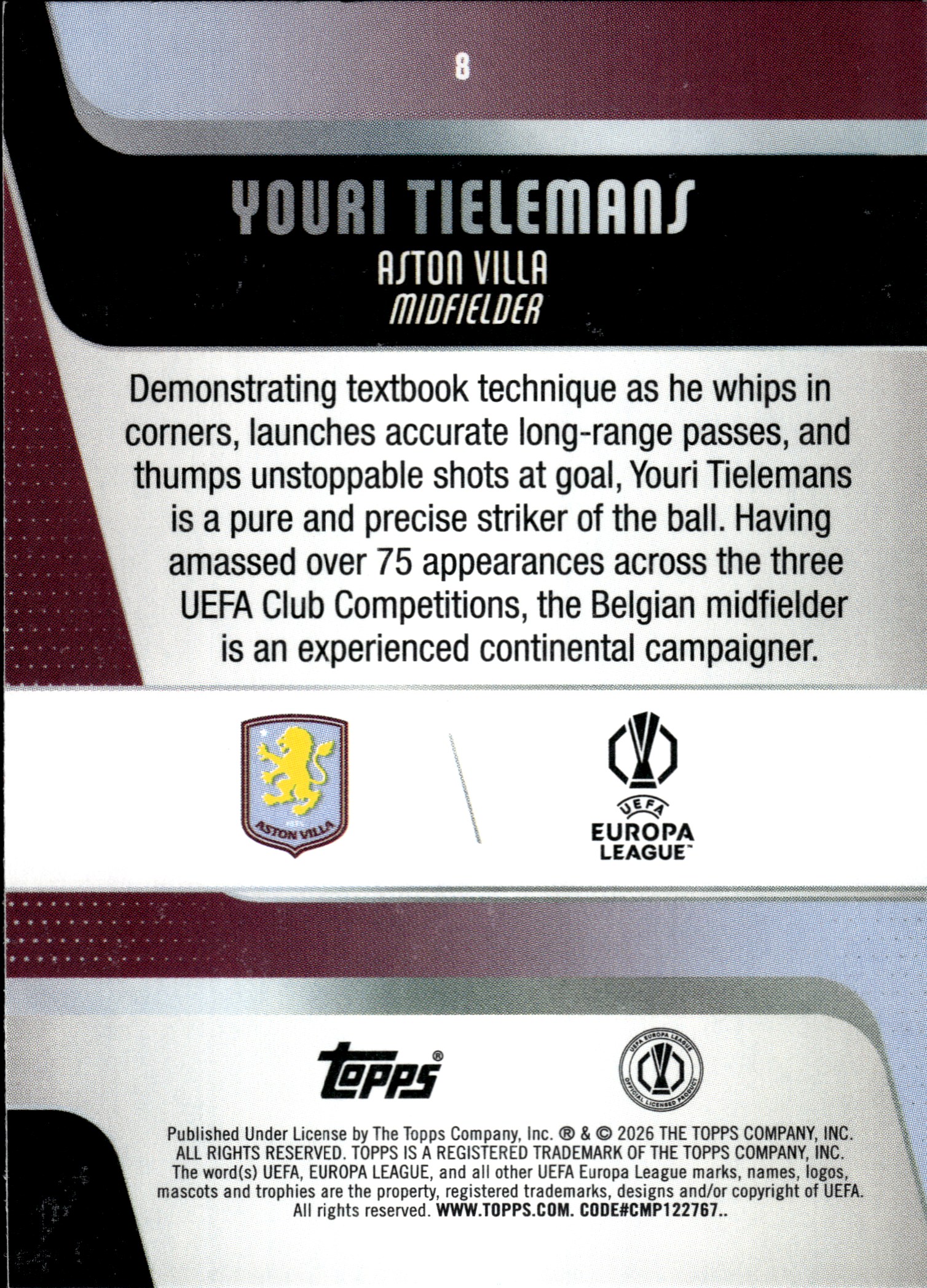 Youri Tielemans - Topps UEFA Club Competitions Base Set 2025-26, Nr. 8 – Diamante