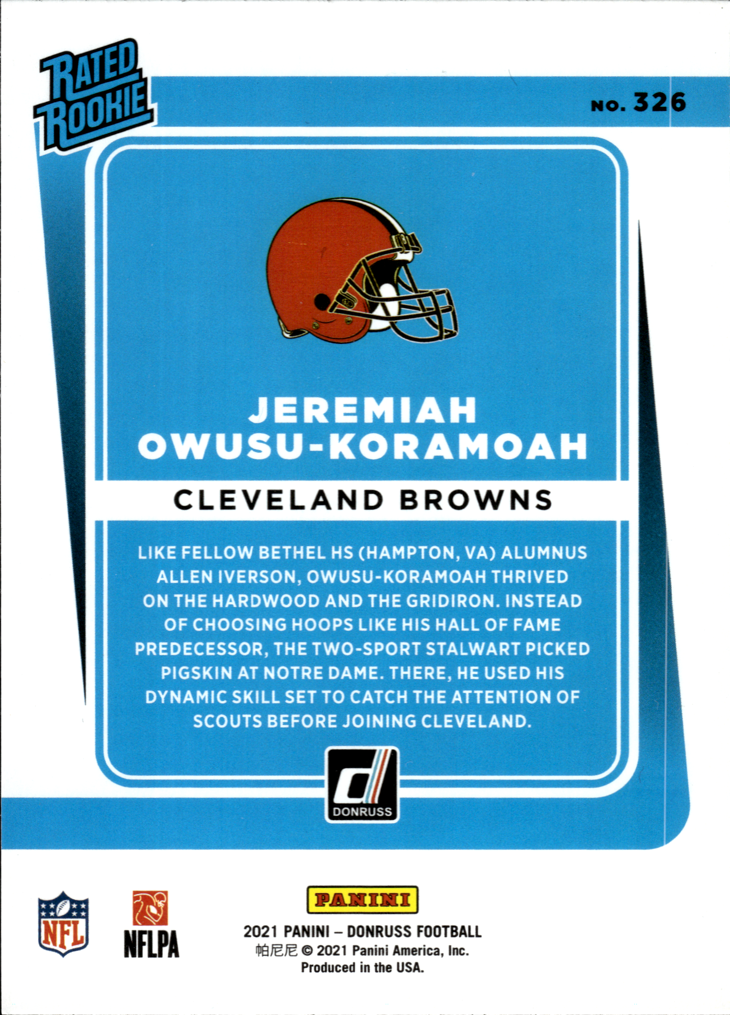Jeremiah Owusu-Koramoah - Panini Donruss Base Set 2021, Nr. 326 – Rookie Card