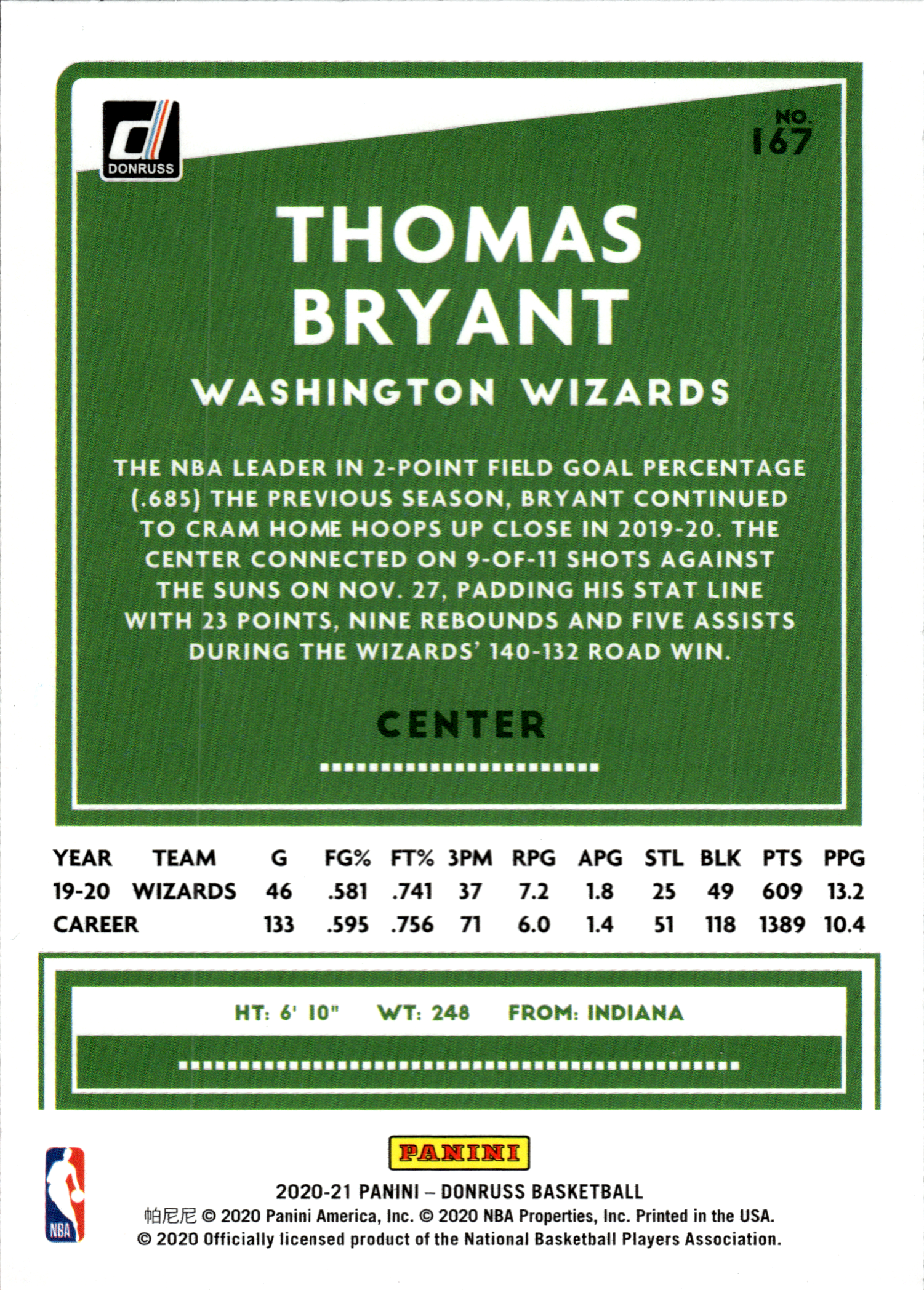 Thomas Bryant - Panini Donruss Base Set 2020-21, Nr. 167