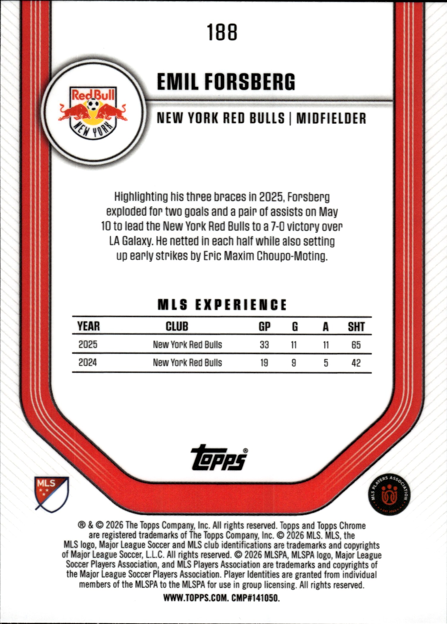 Emil Forsberg - Topps Chrome MLS Base Set 2026, Nr. 188 – RayWave Refractor