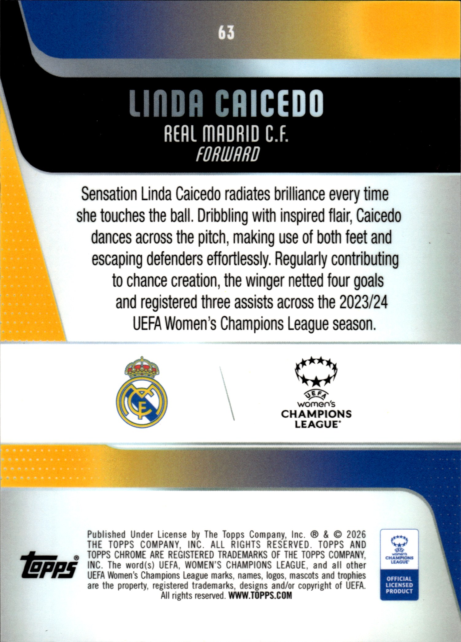 Linda Caicedo - Topps Chrome UEFA Women's Champions League Base Set 2025-26, Nr. 63