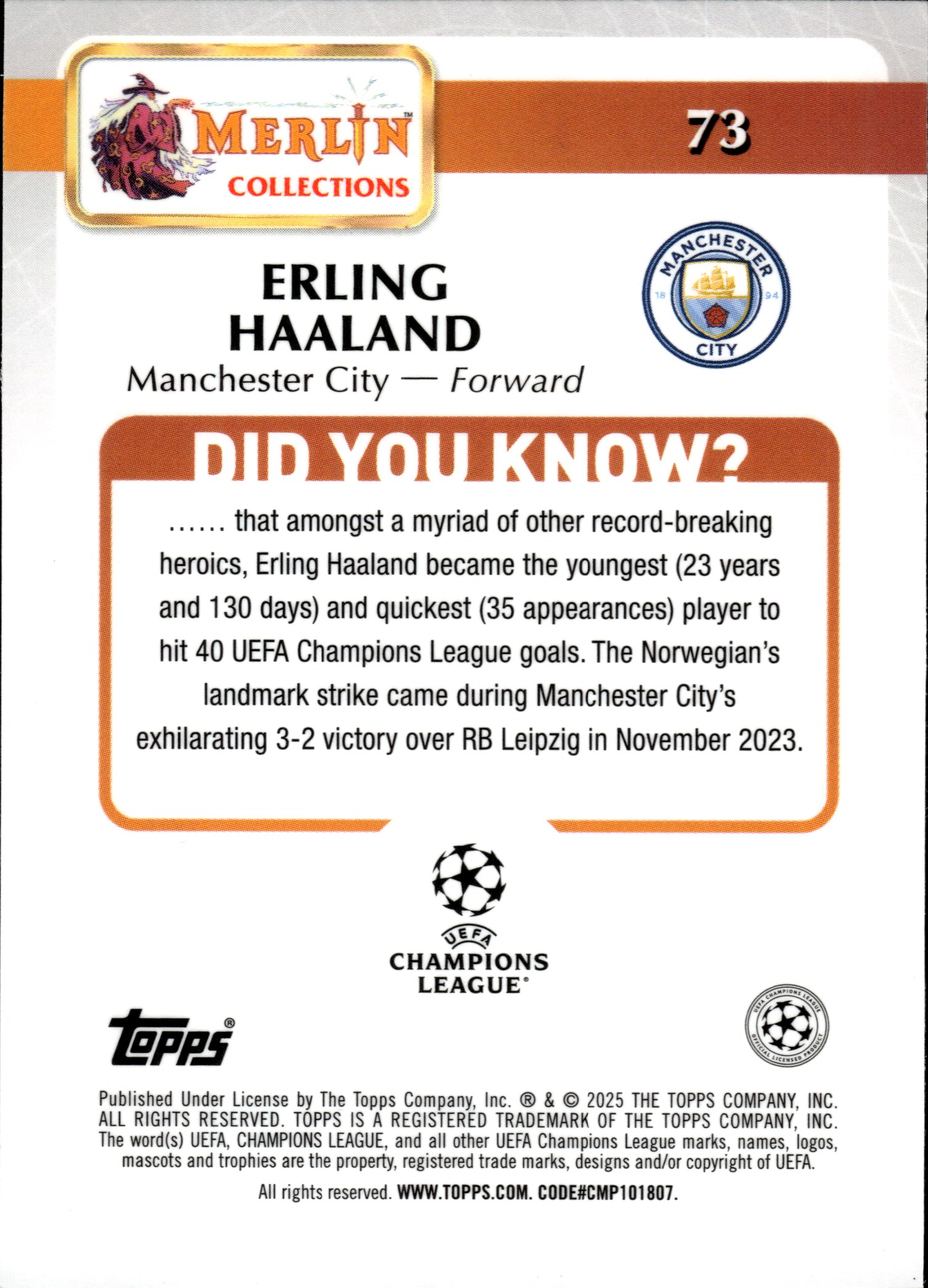 Erling Haaland - Topps Merlin Chrome UEFA Club Competitions Base Set 2024-25, Nr. 73