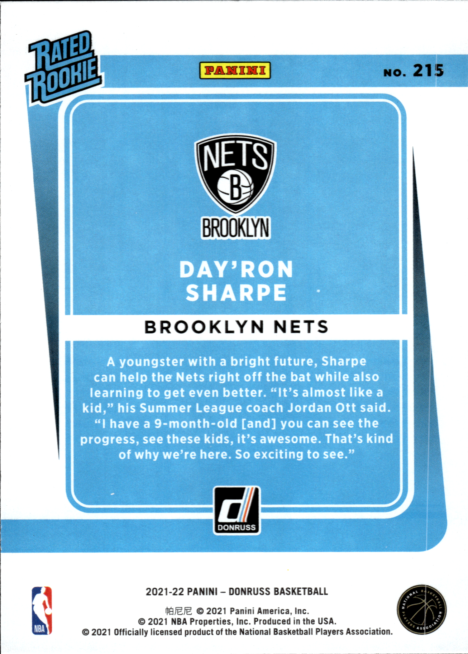 Day'Ron Sharpe - Panini Donruss Rated Rookie 2021-22, Nr. 215 – Bronze
