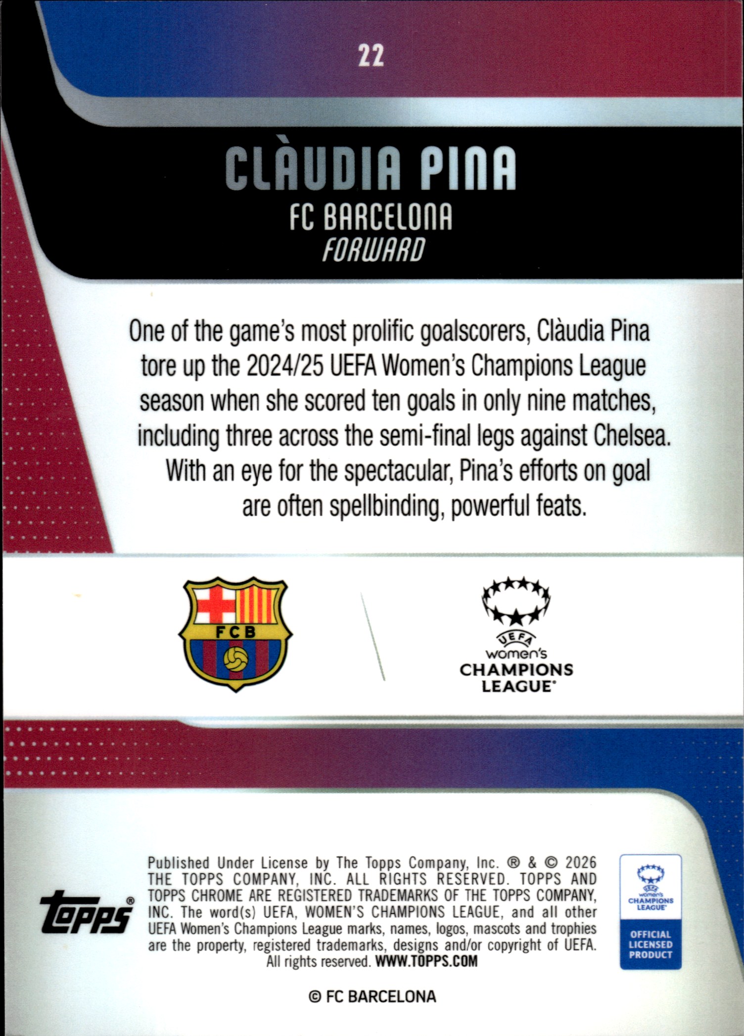 Clàudia Pina - Topps Chrome UEFA Women's Champions League Base Set 2025-26, Nr. 22