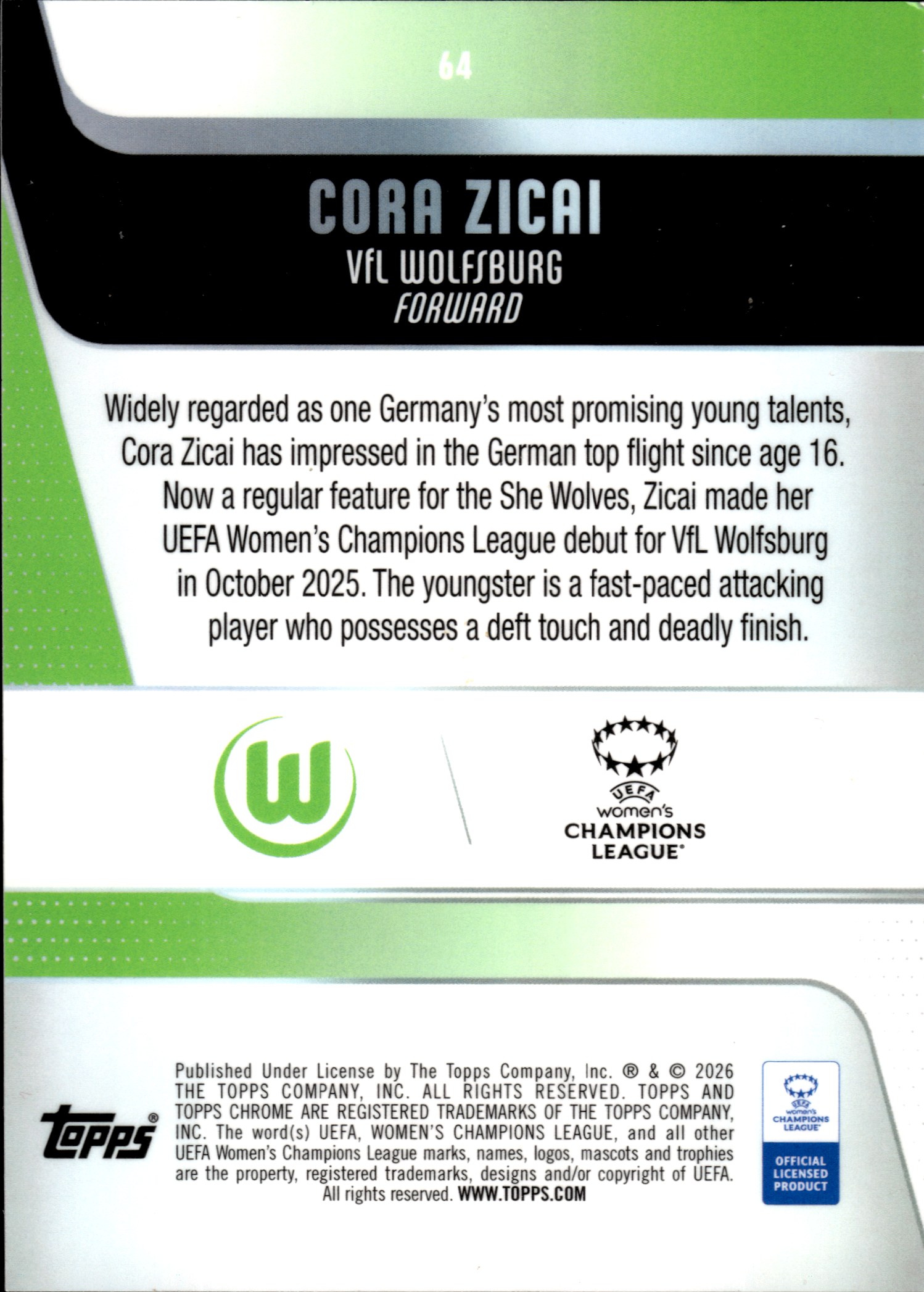 Cora Zicai - Topps Chrome UEFA Women's Champions League Base Set 2025-26, Nr. 64 – Rookie Card