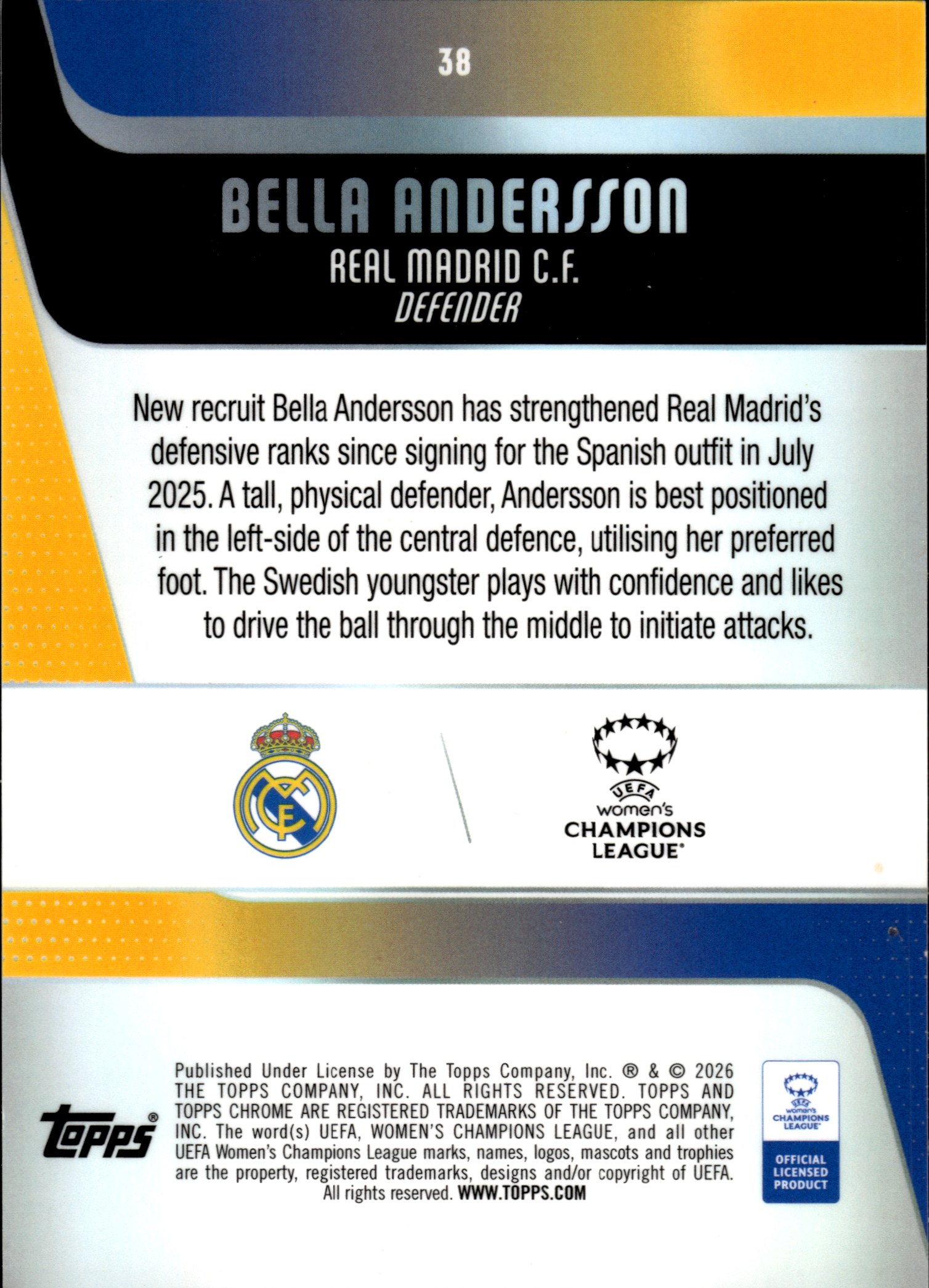 Bella Andersson - Topps Chrome UEFA Women's Champions League Base Set 2025-26, Nr. 38 – Rookie Card
