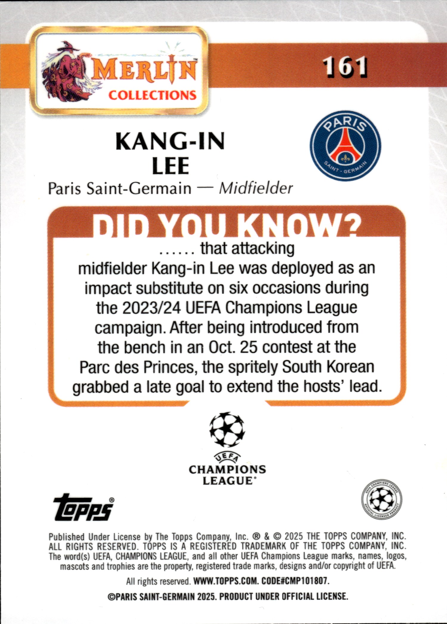 Kang-in Lee - Topps Merlin Chrome UEFA Club Competitions Base Set 2024-25, Nr. 161