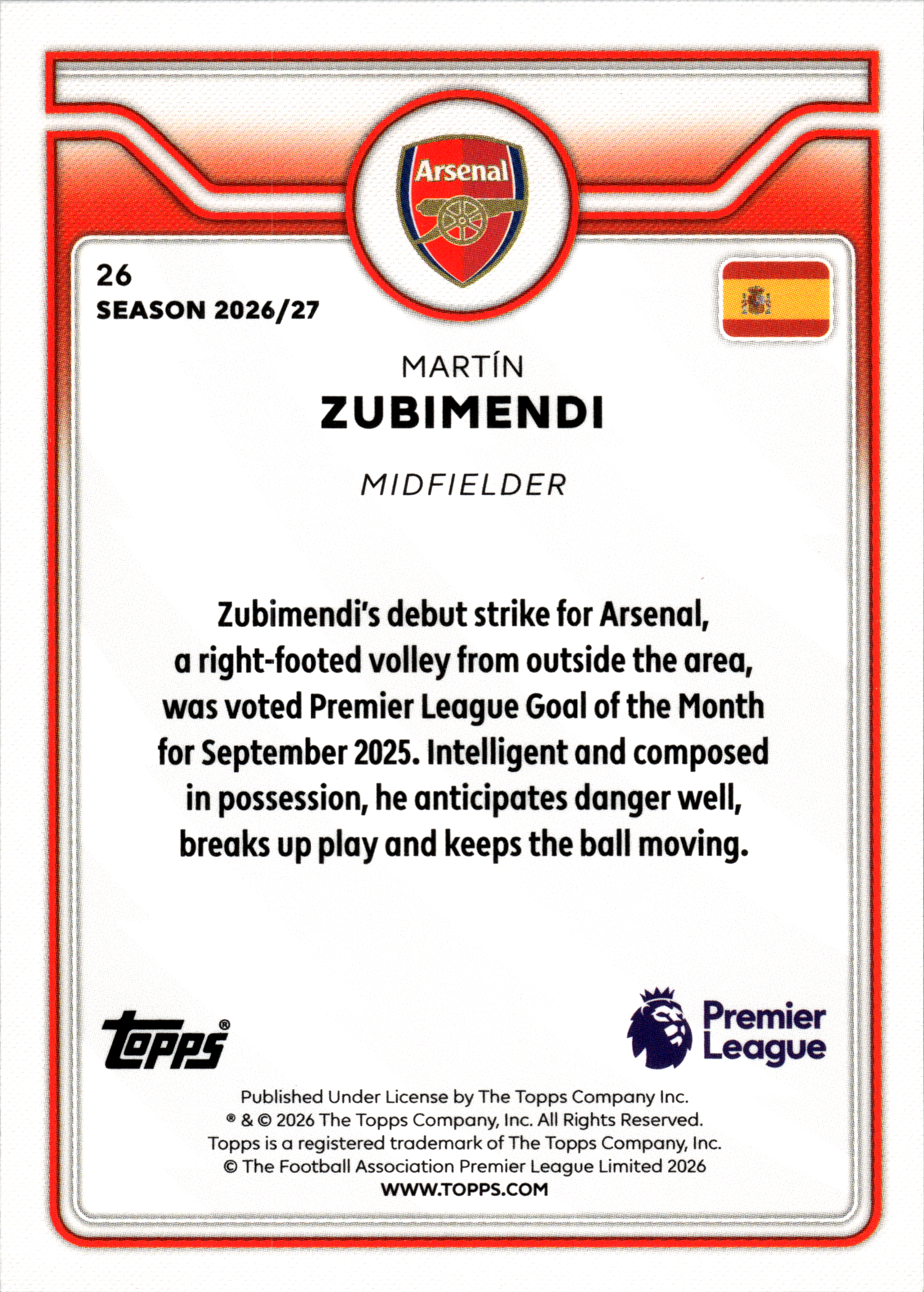 Martín Zubimendi - Topps Flagship Premier League Base Set 2026-27, Nr. 26