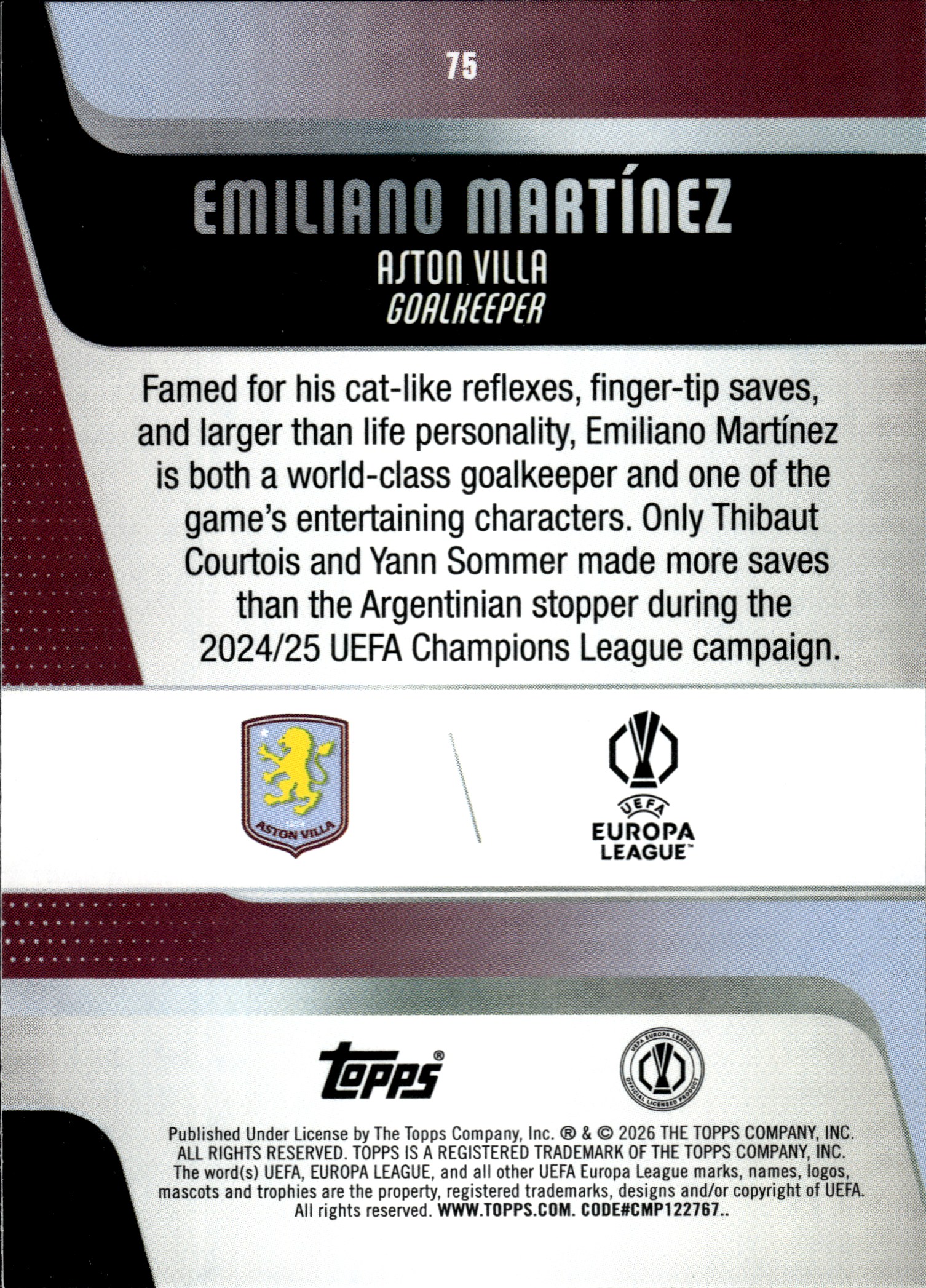 Emiliano Martínez - Topps UEFA Club Competitions Base Set 2025-26, Nr. 75 – Diamante