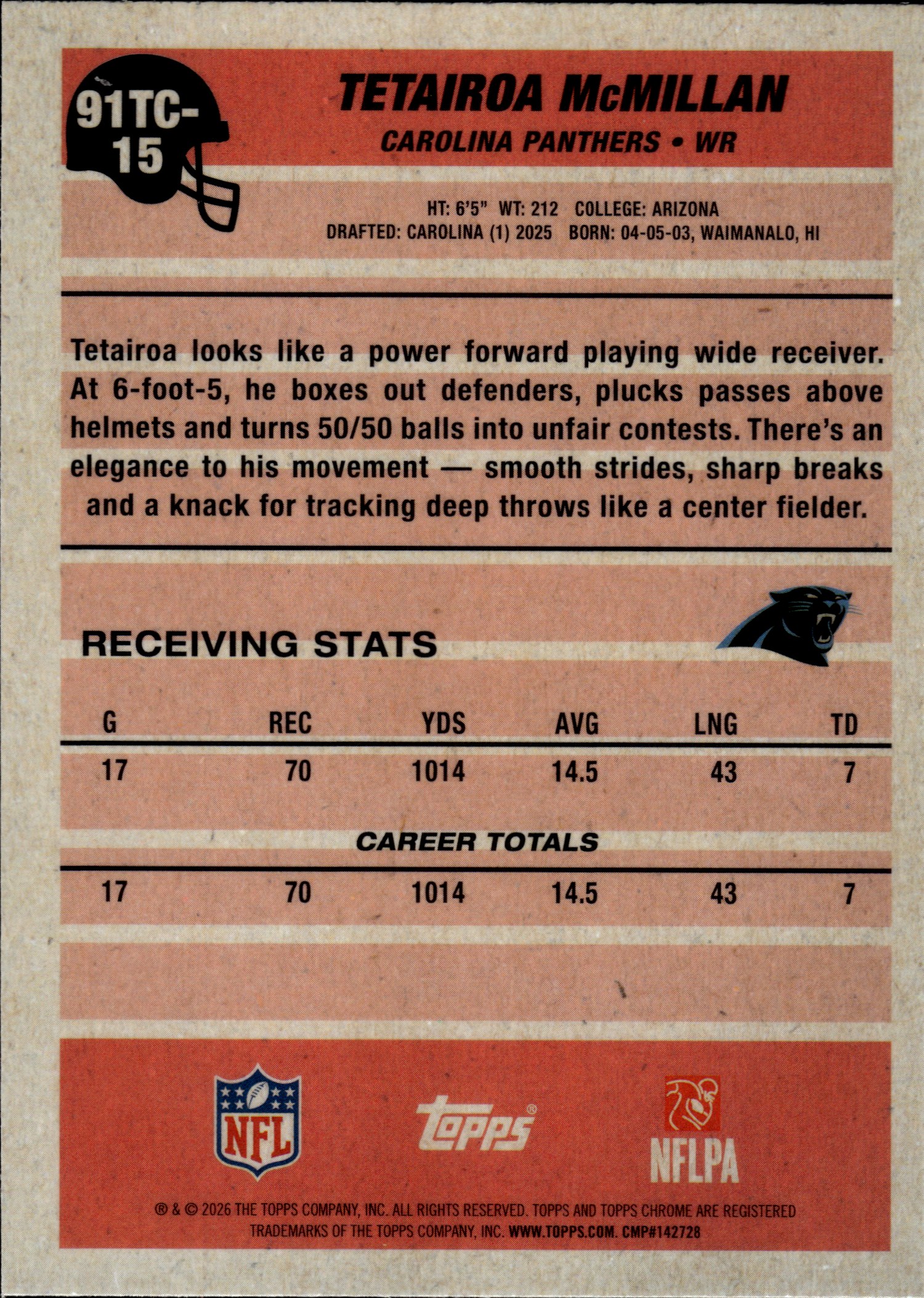 Tetairoa McMillan - Topps Chrome 1991 Topps 2025, Nr. 91TC-15 – Rookie Card, X-Fractor, Insert