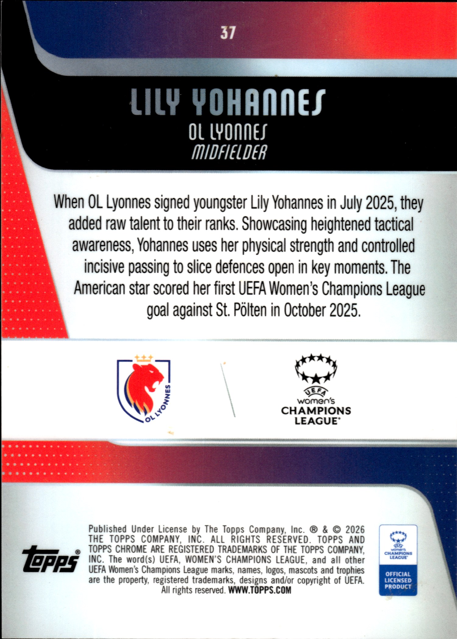 Lily Yohannes - Topps Chrome UEFA Women's Champions League Base Set 2025-26, Nr. 37