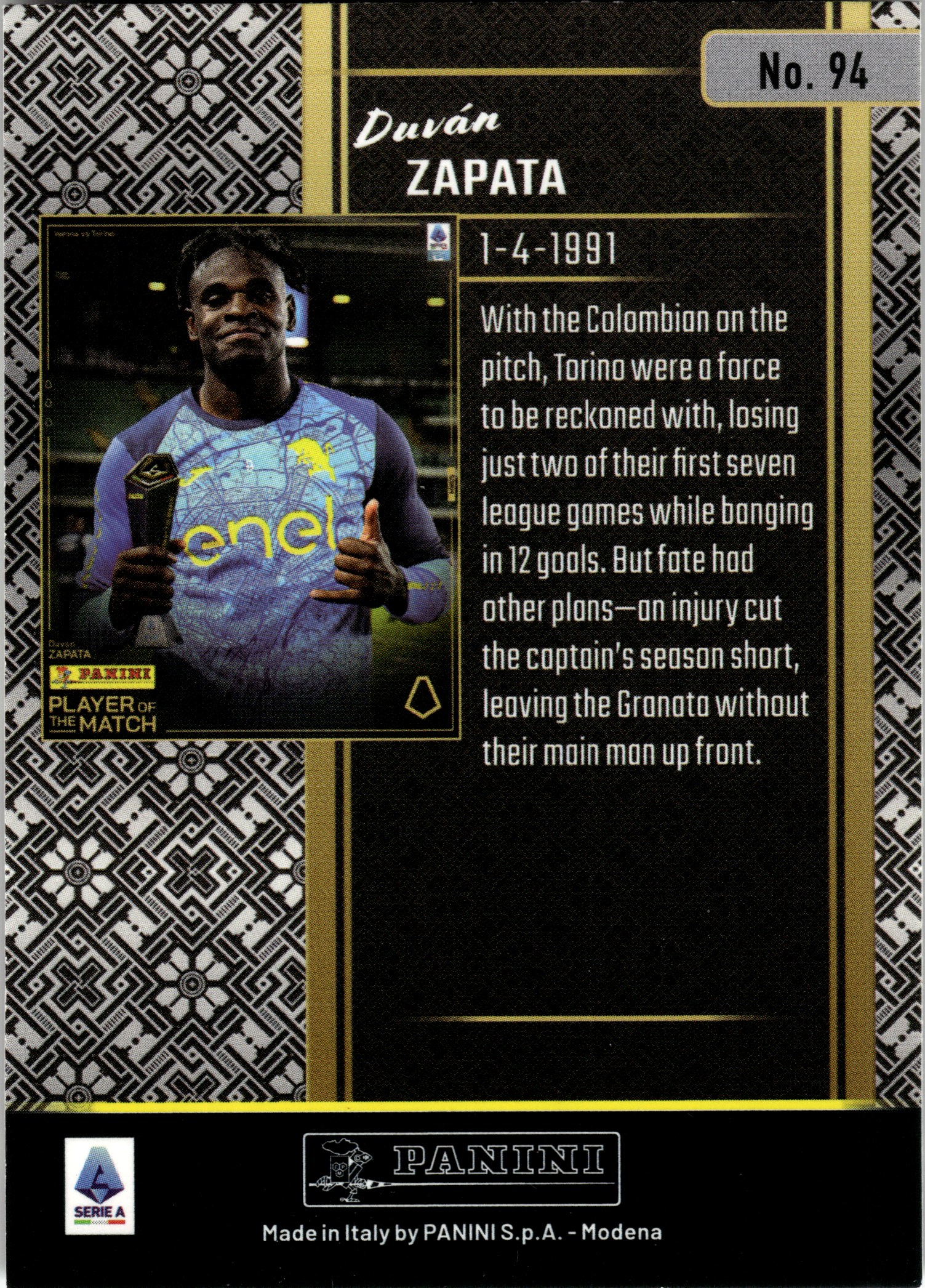 Duván Zapata - Panini Player of the Match Base Set 2024-25, Nr. 94