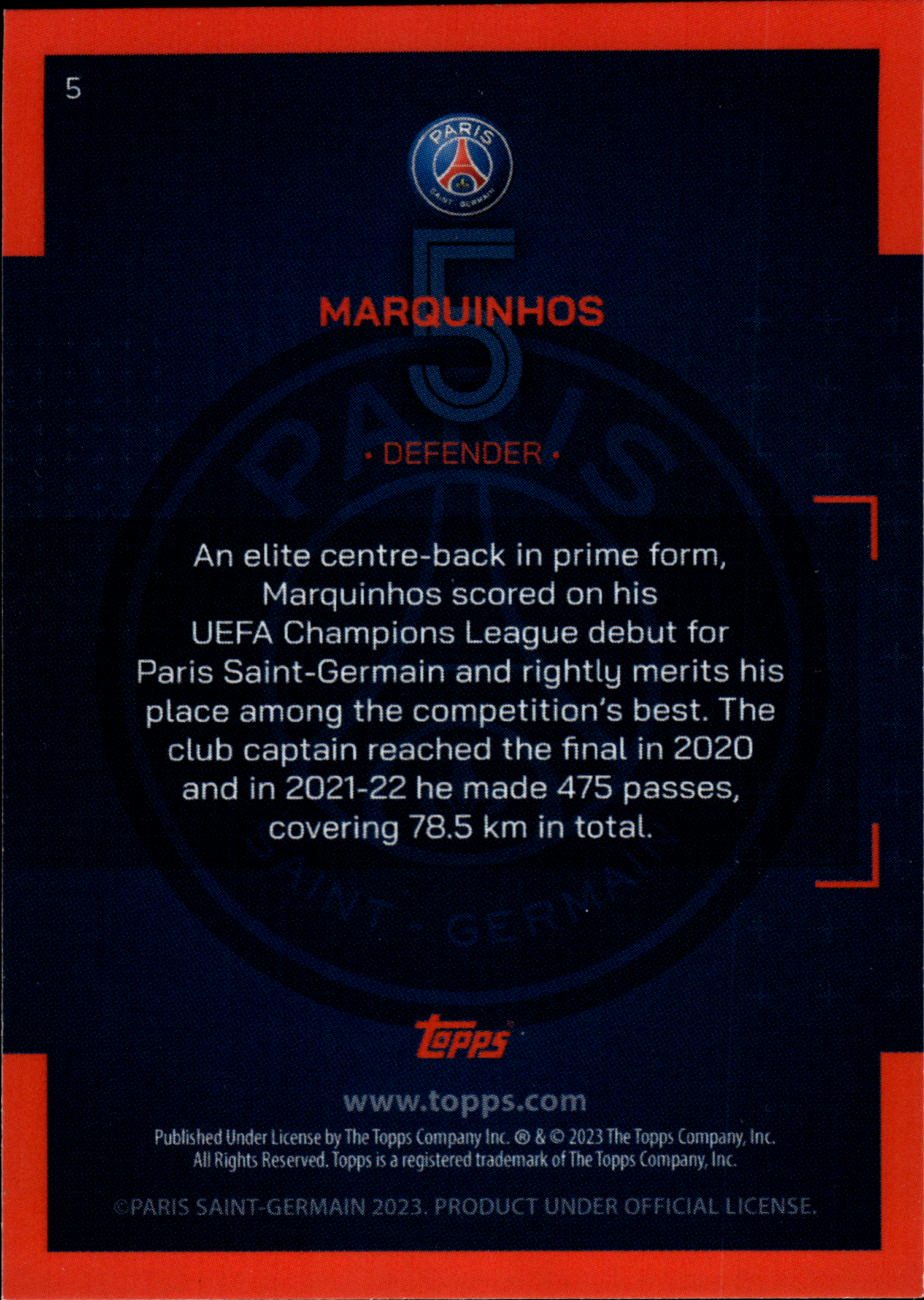 Marquinhos - Topps Paris Saint-Germain Official Team Set 2023-24, Nr. 5