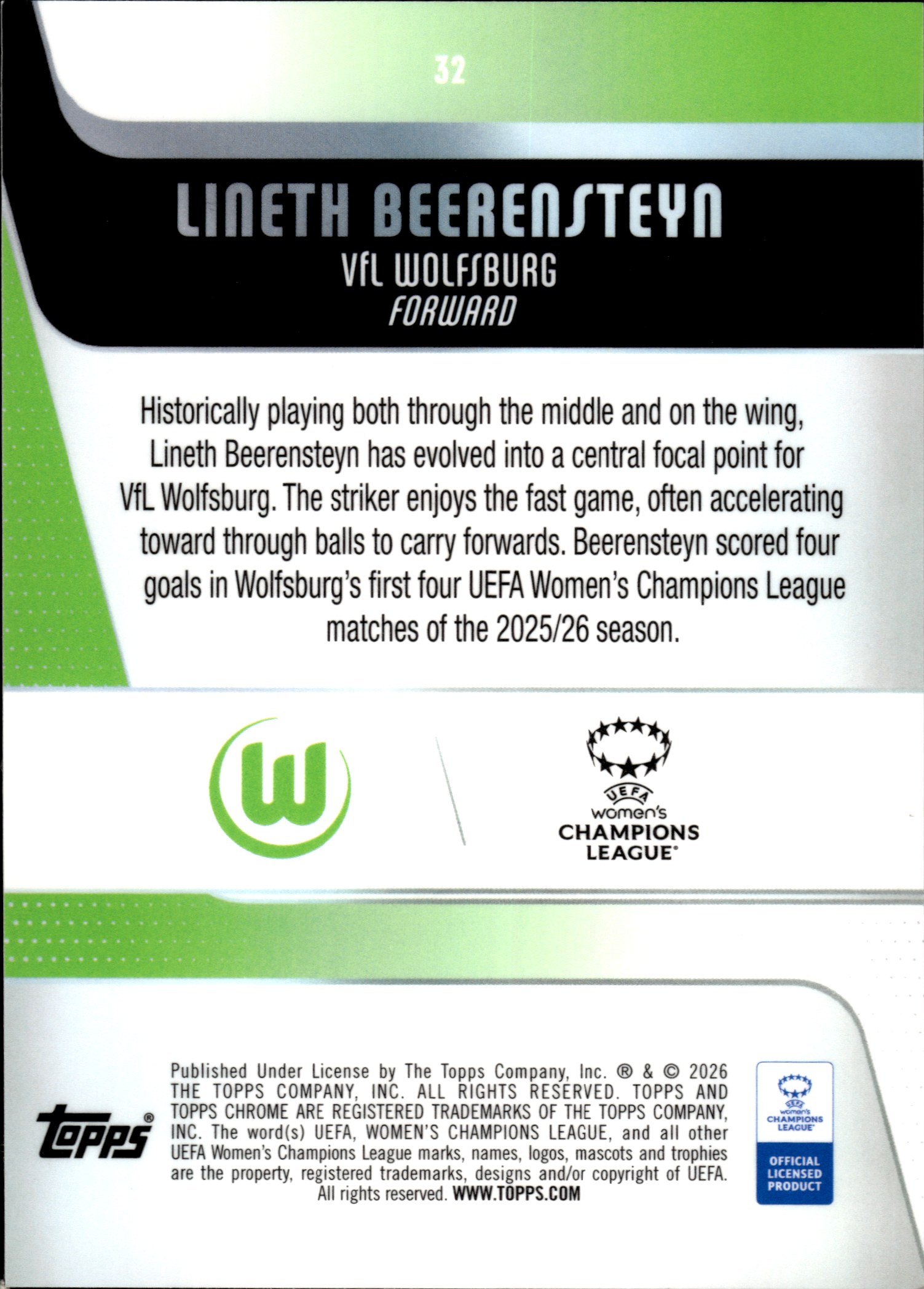 Lineth Beerensteyn - Topps Chrome UEFA Women's Champions League Base Set 2025-26, Nr. 32