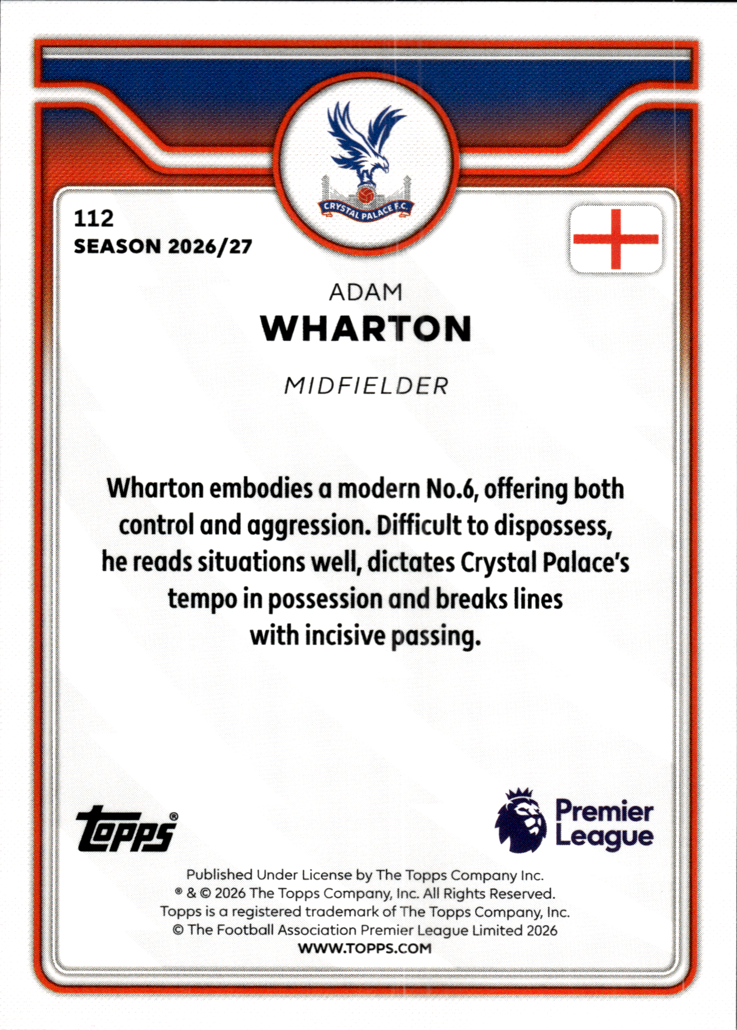 Adam Wharton - Topps Flagship Premier League Base Set 2026-27, Nr. 112