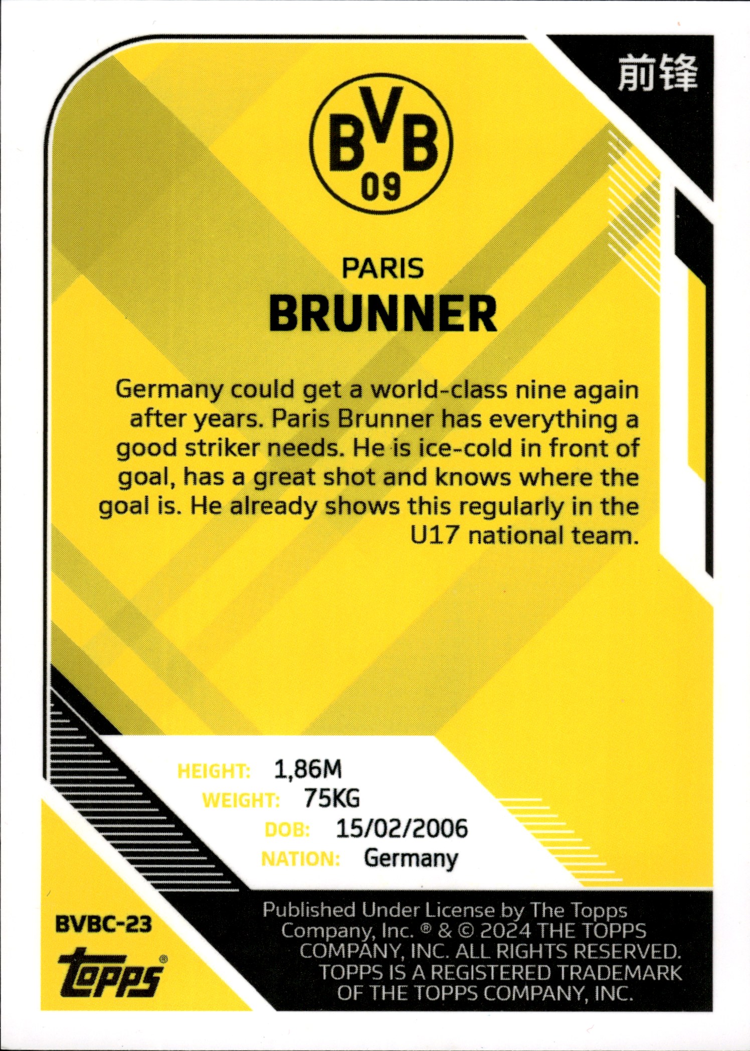 Paris Brunner - Topps Borussia Dortmund Team Set China Edition Base Set 2023-24, Nr. BVBC-23 – Rookie Card