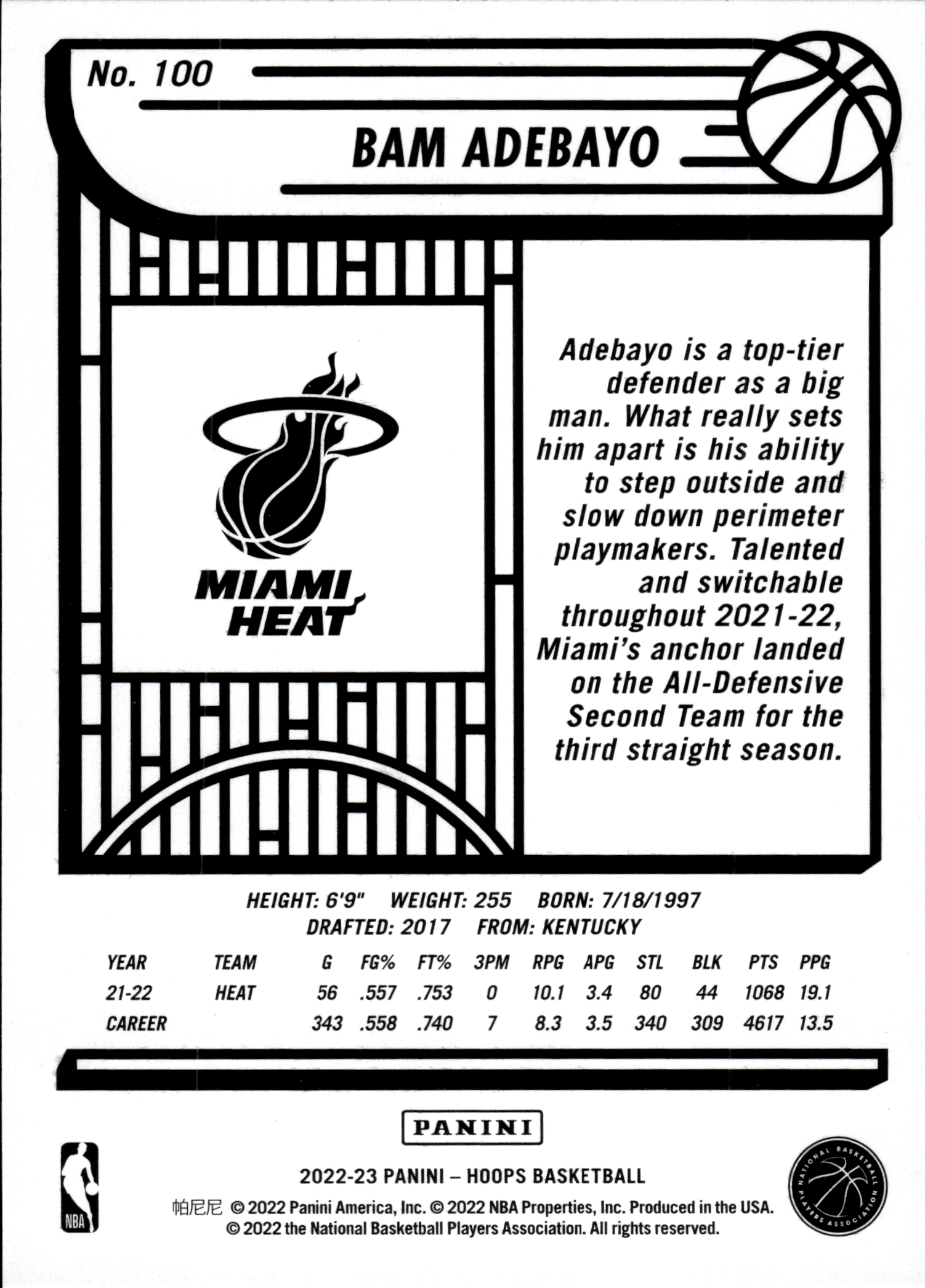 Bam Adebayo - Panini Hoops Base Set 2022-23, Nr. 100