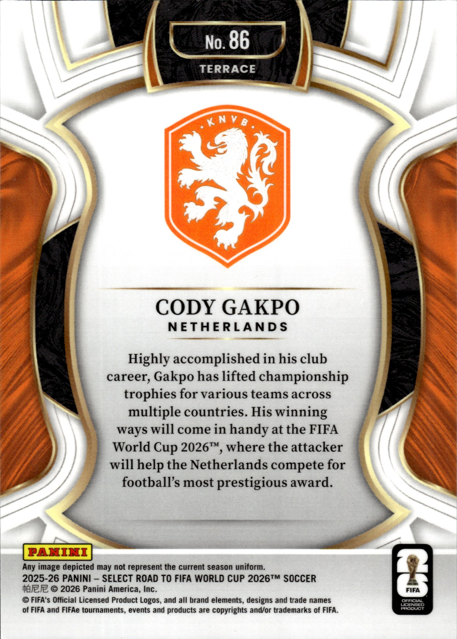 Cody Gakpo - Panini Select FIFA Road to World Cup Terrace 2025-26, Nr. 86