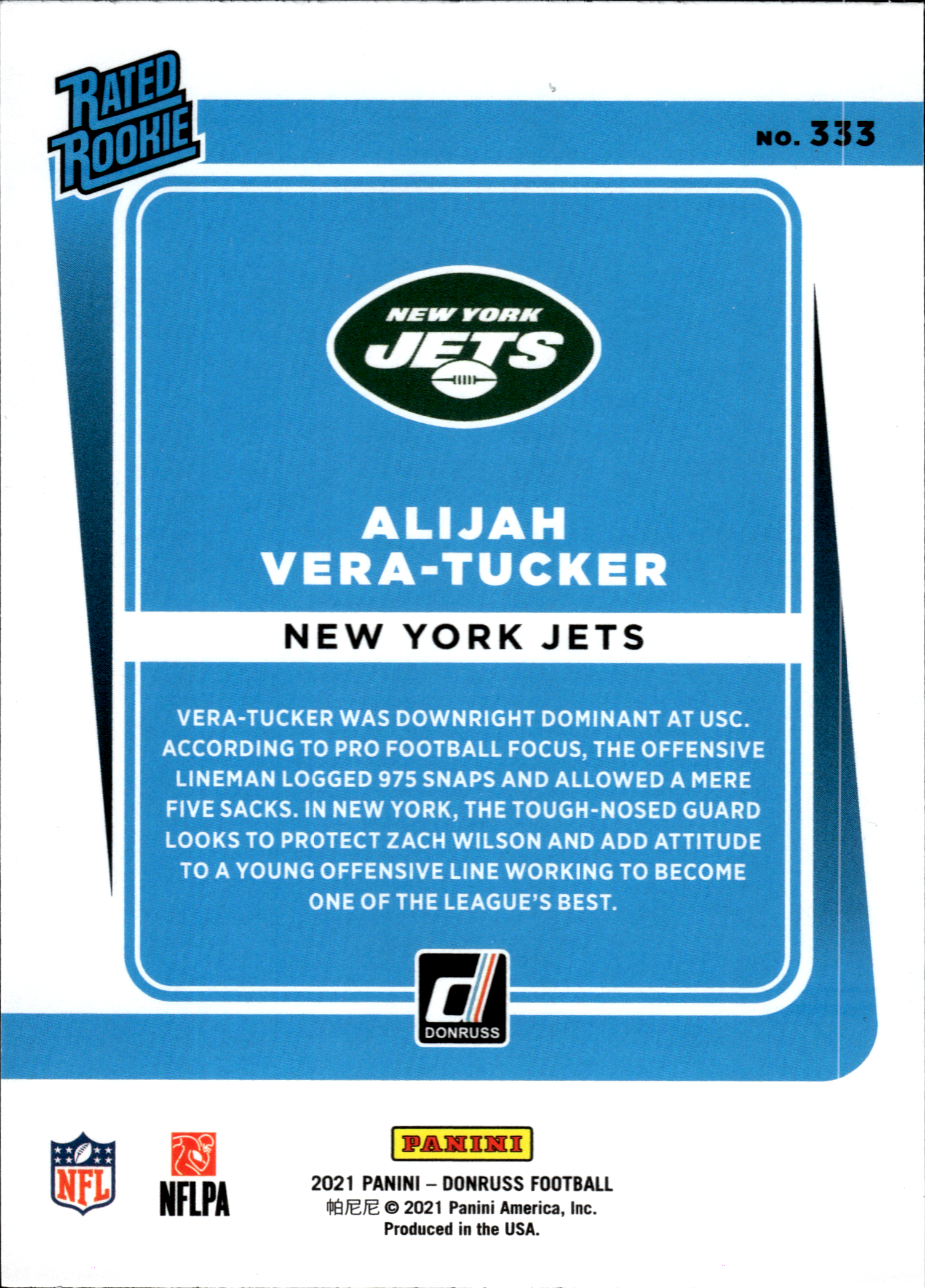 Alijah Vera-Tucker - Panini Donruss Base Set 2021, Nr. 333 – Rookie Card
