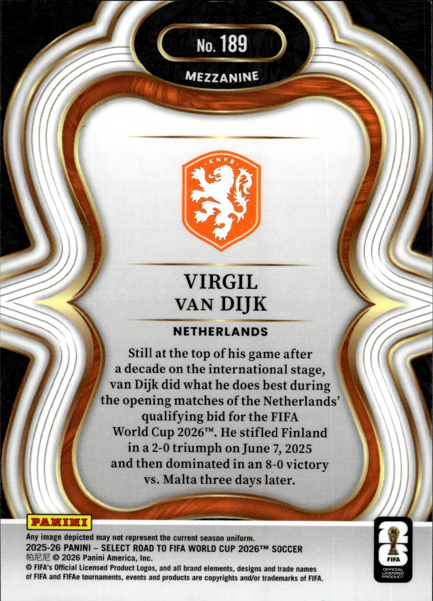 Virgil van Dijk - Panini Select FIFA Road to World Cup Mezzanine 2025-26, Nr. 189