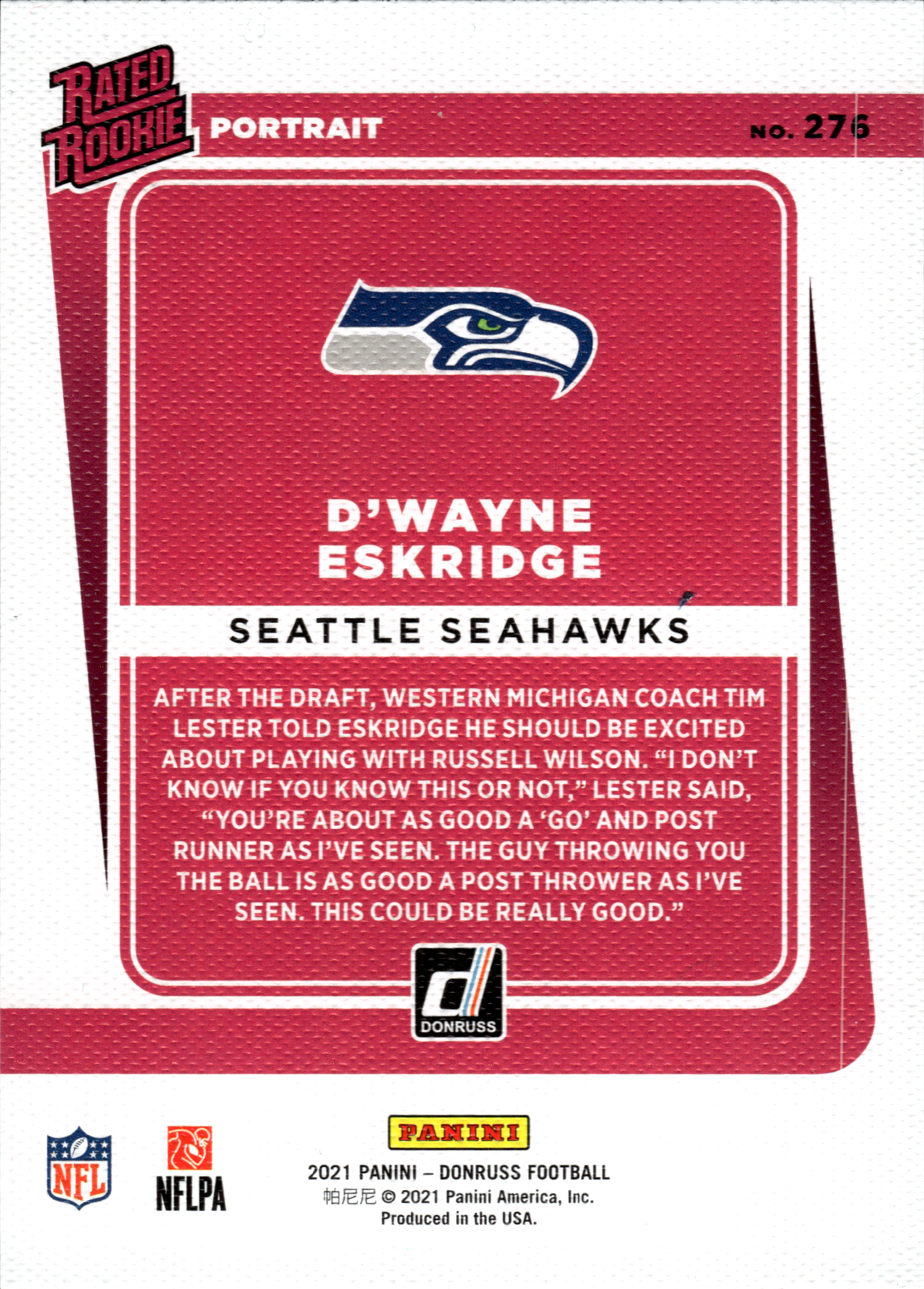 D'Wayne Eskridge - Panini Donruss Base Set 2021, Nr. 276 – Rated Rookie Portrait Variation