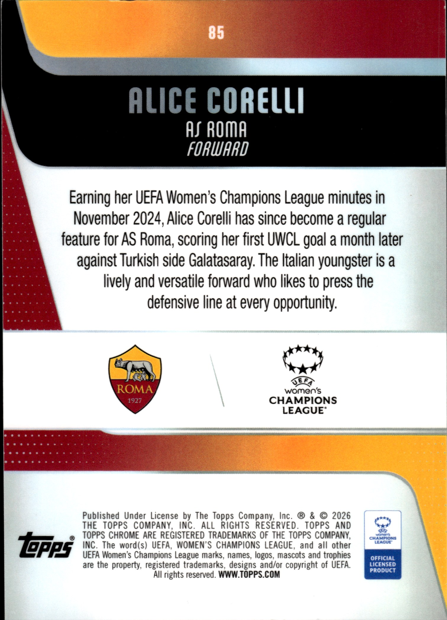 Alice Corelli - Topps Chrome UEFA Women's Champions League Base Set 2025-26, Nr. 85