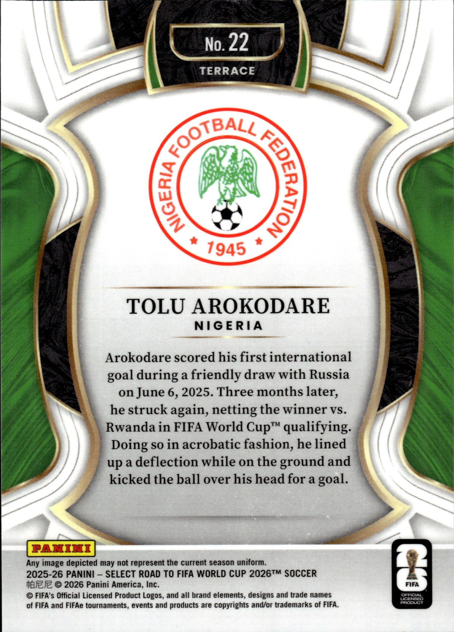 Tolu Arokodare - Panini Select FIFA Road to World Cup Terrace 2025-26, Nr. 22 – Rookie Card