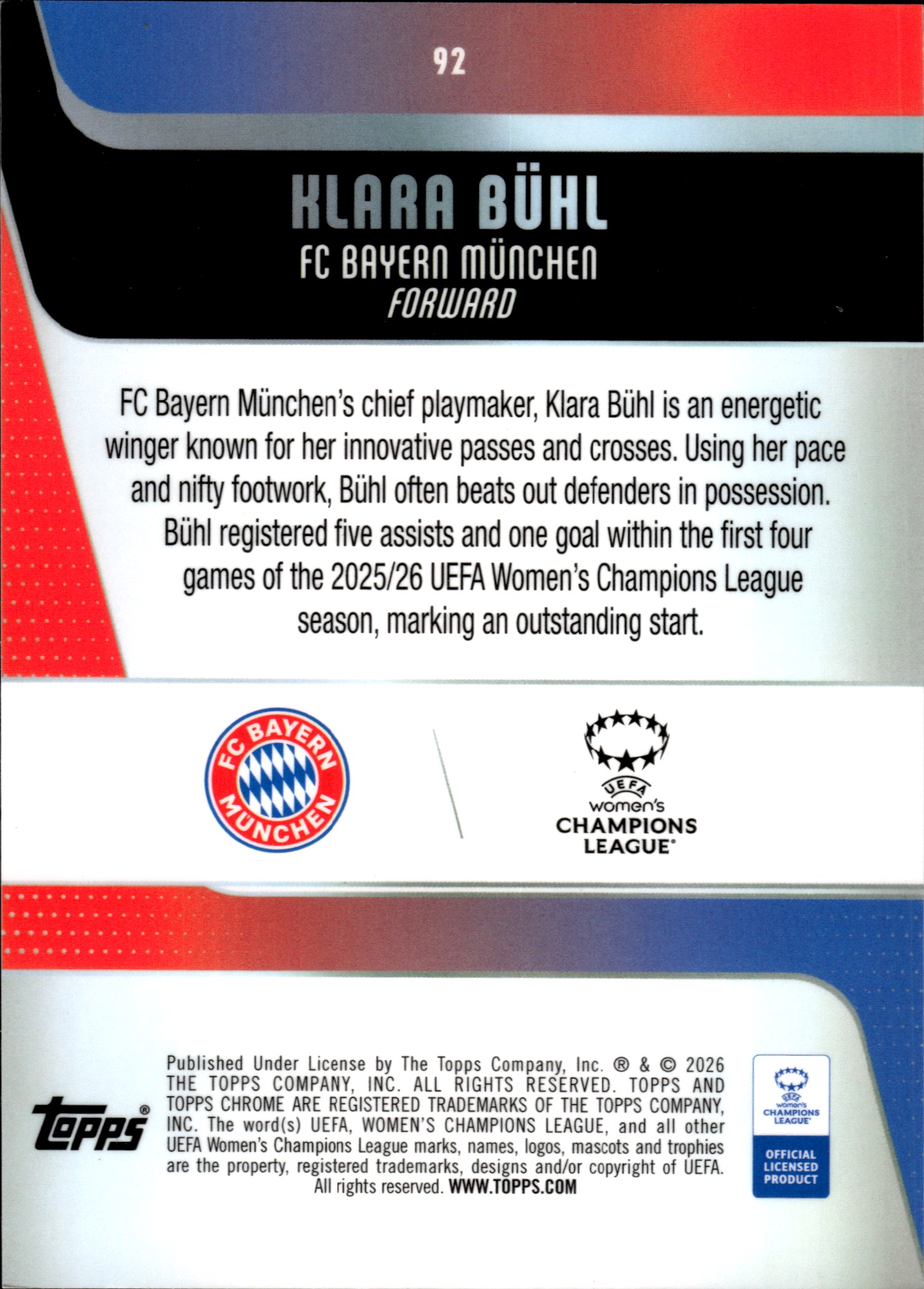 Klara Bühl - Topps Chrome UEFA Women's Champions League Base Set 2025-26, Nr. 92