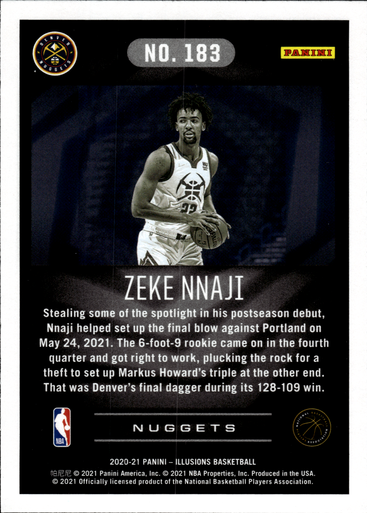Zeke Nnaji - Panini Illusions Base Set 2020-21, Nr. 183 – Rookie Card, Trophy Collection Orange