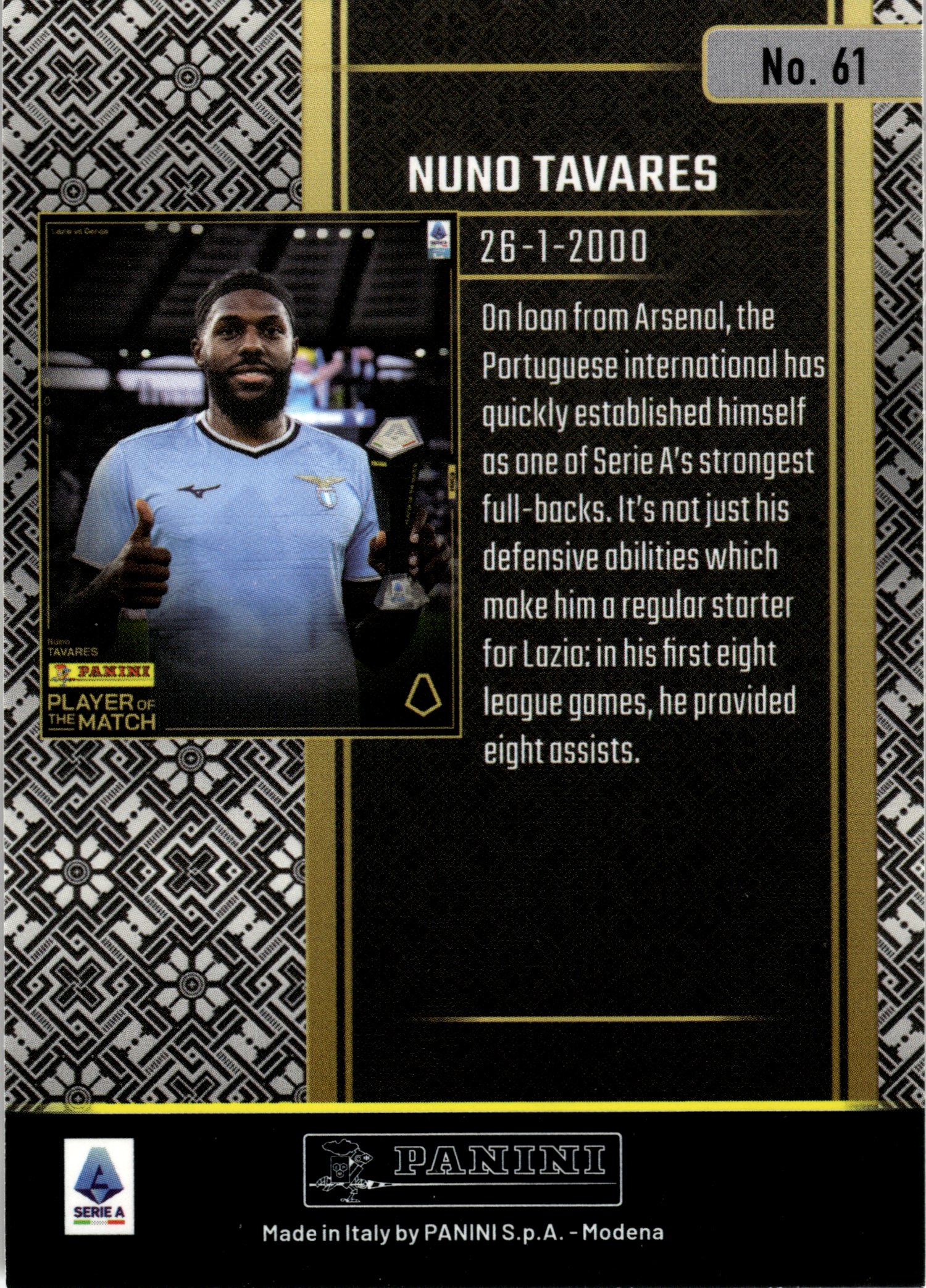 Nuno Tavares - Panini Player of the Match Base Set 2024-25, Nr. 61 – Rookie Card