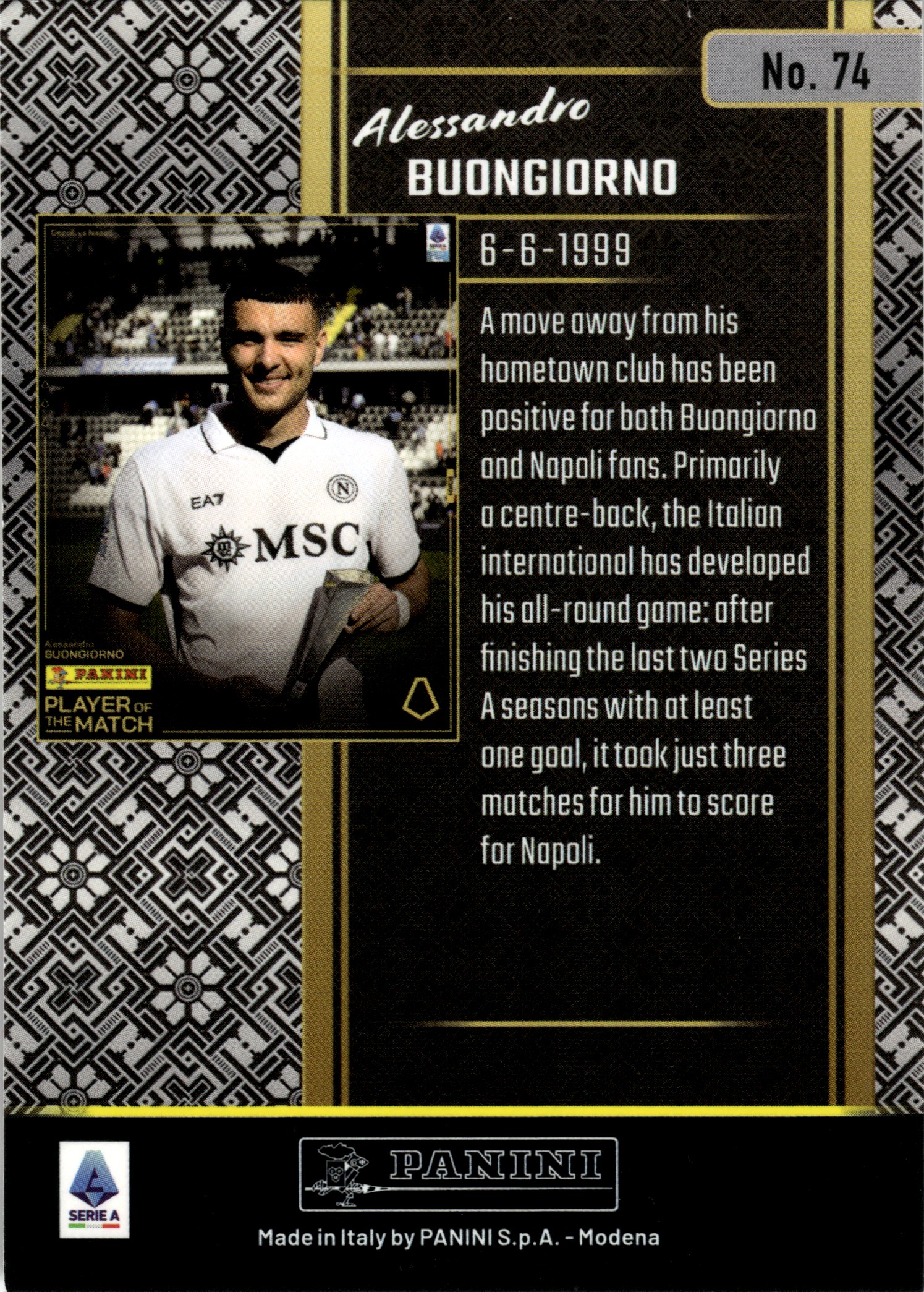 Alessandro Buongiorno - Panini Player of the Match Base Set 2024-25, Nr. 74
