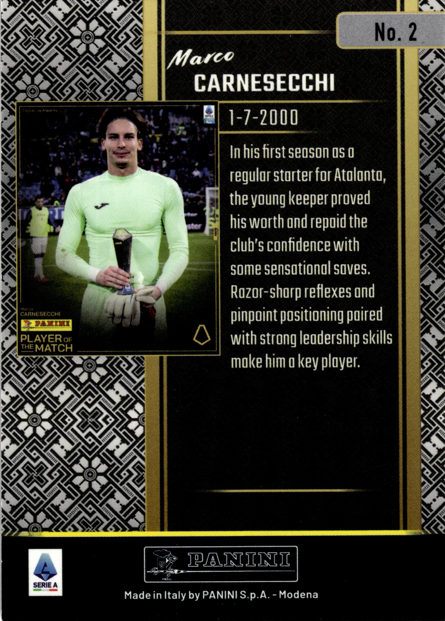 Marco Carnesecchi - Panini Player of the Match Base Set 2024-25, Nr. 2