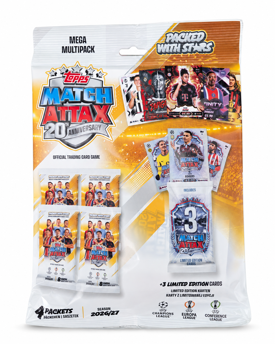 Topps Match Attax UEFA Club Competitions 2026/2027 Mega Multipack – ungeöffnet, 4 Päckchen und 3 Limited-Edition-Karten