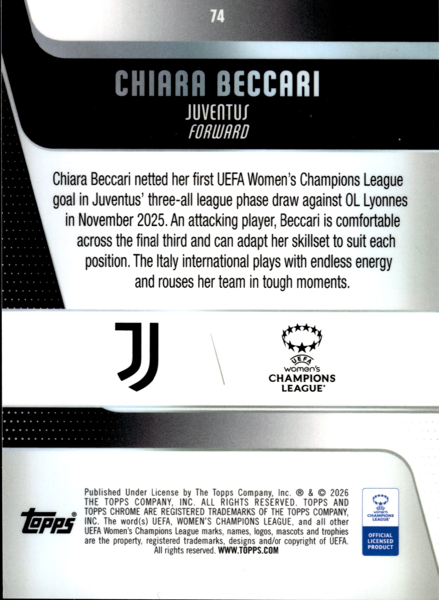 Chiara Beccari - Topps Chrome UEFA Women's Champions League Base Set 2025-26, Nr. 74 – RayWave Refractor