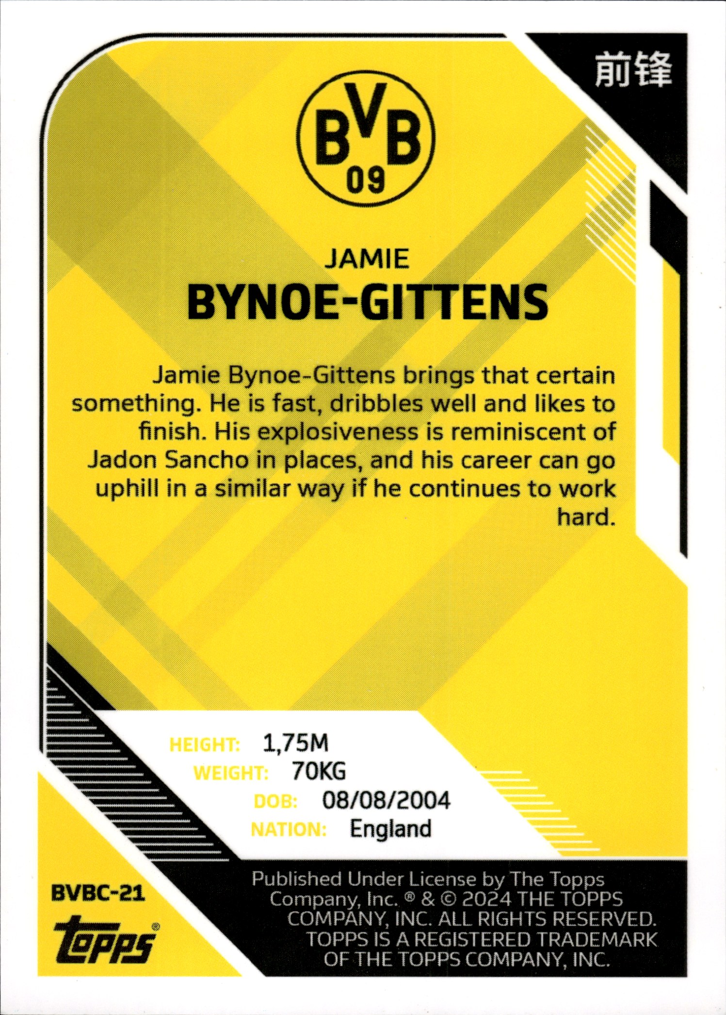 Jamie Bynoe-Gittens - Topps Borussia Dortmund Team Set China Edition Base Set 2023-24, Nr. BVBC-21