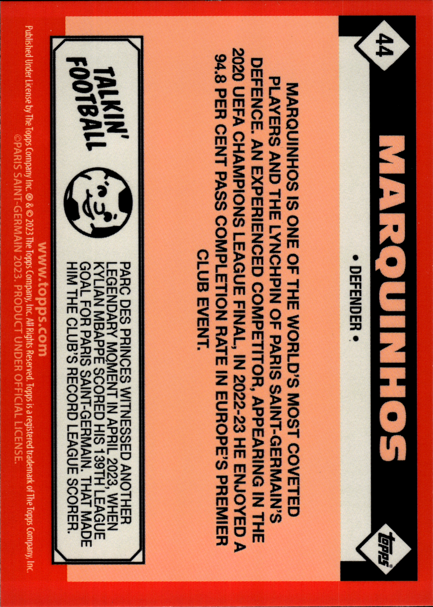 Marquinhos - Topps Paris Saint-Germain Official Team Set 2023-24, Nr. 44