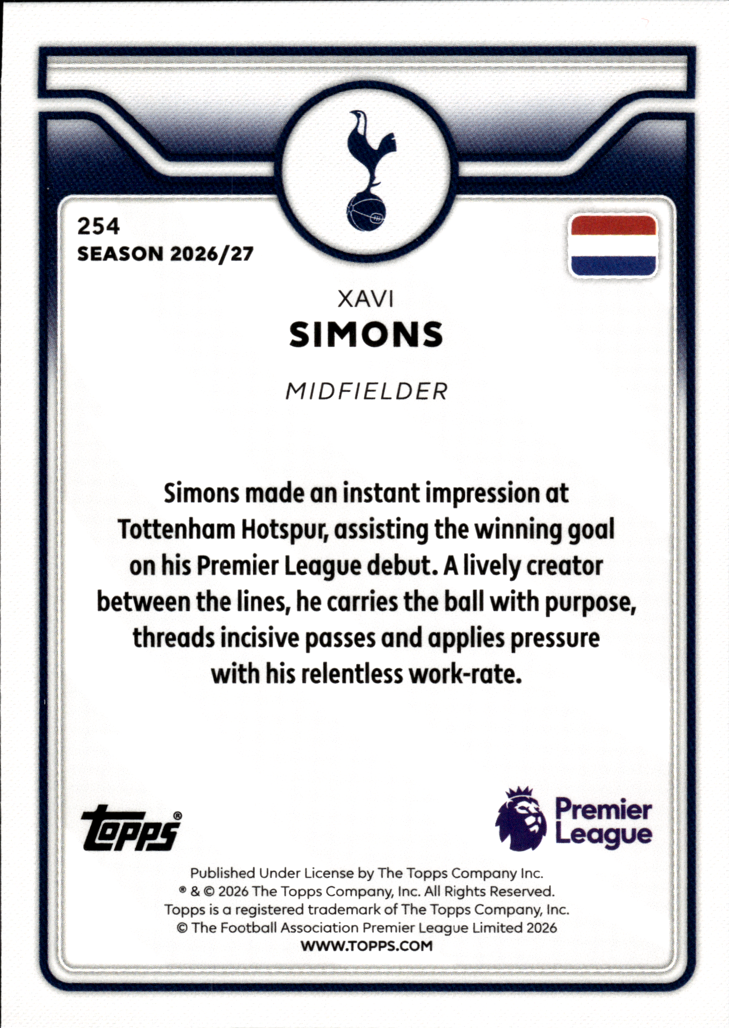Xavi Simons - Topps Flagship Premier League Base Set 2026-27, Nr. 254