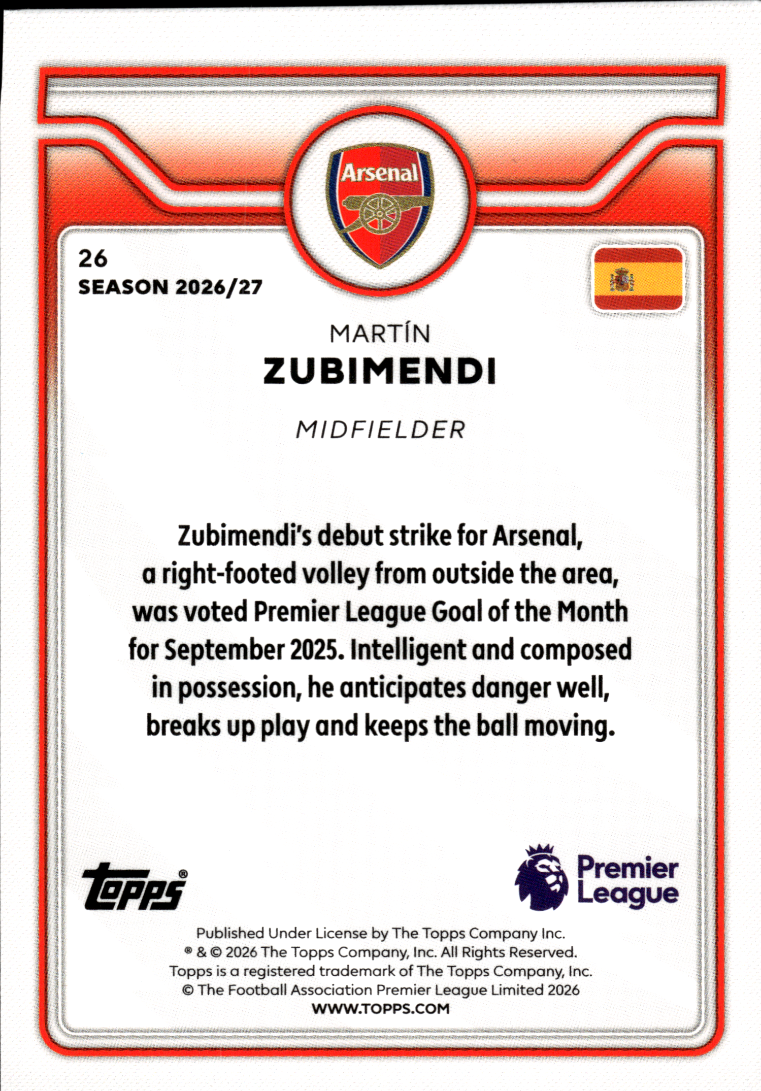Martín Zubimendi - Topps Flagship Premier League Base Set 2026-27, Nr. 26