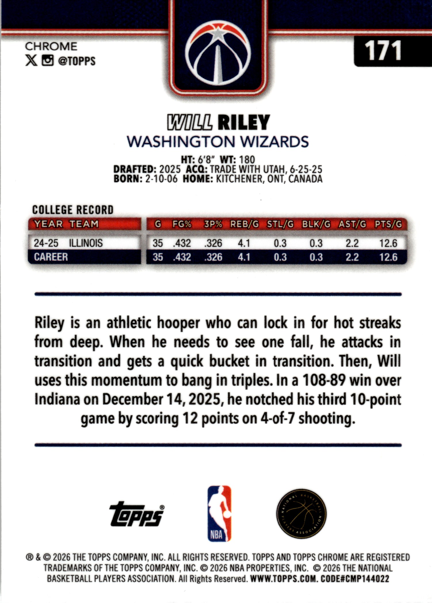 Will Riley - Topps Chrome Base Set 2025-26, Nr. 171 – Rookie Card